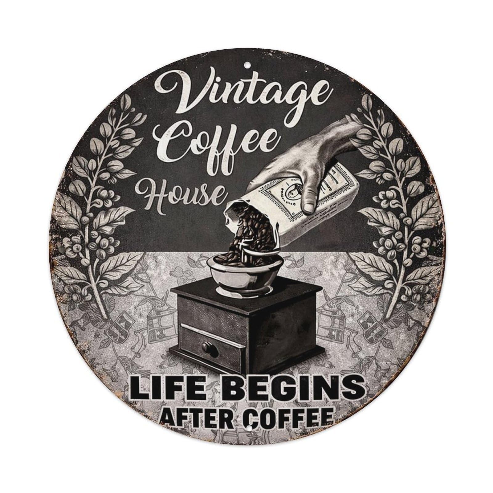 Vintage Coffee House Sign Art Vintage Round Tin Sign Retro Metal Wall Decor Metal Poster, Home Bar Garage Cafe Wall Art Decoration 8x8Inches