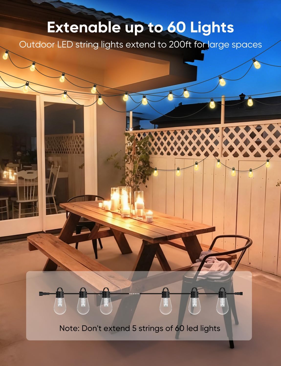 APPECK Smart Outdoor String Lights installed on a patio