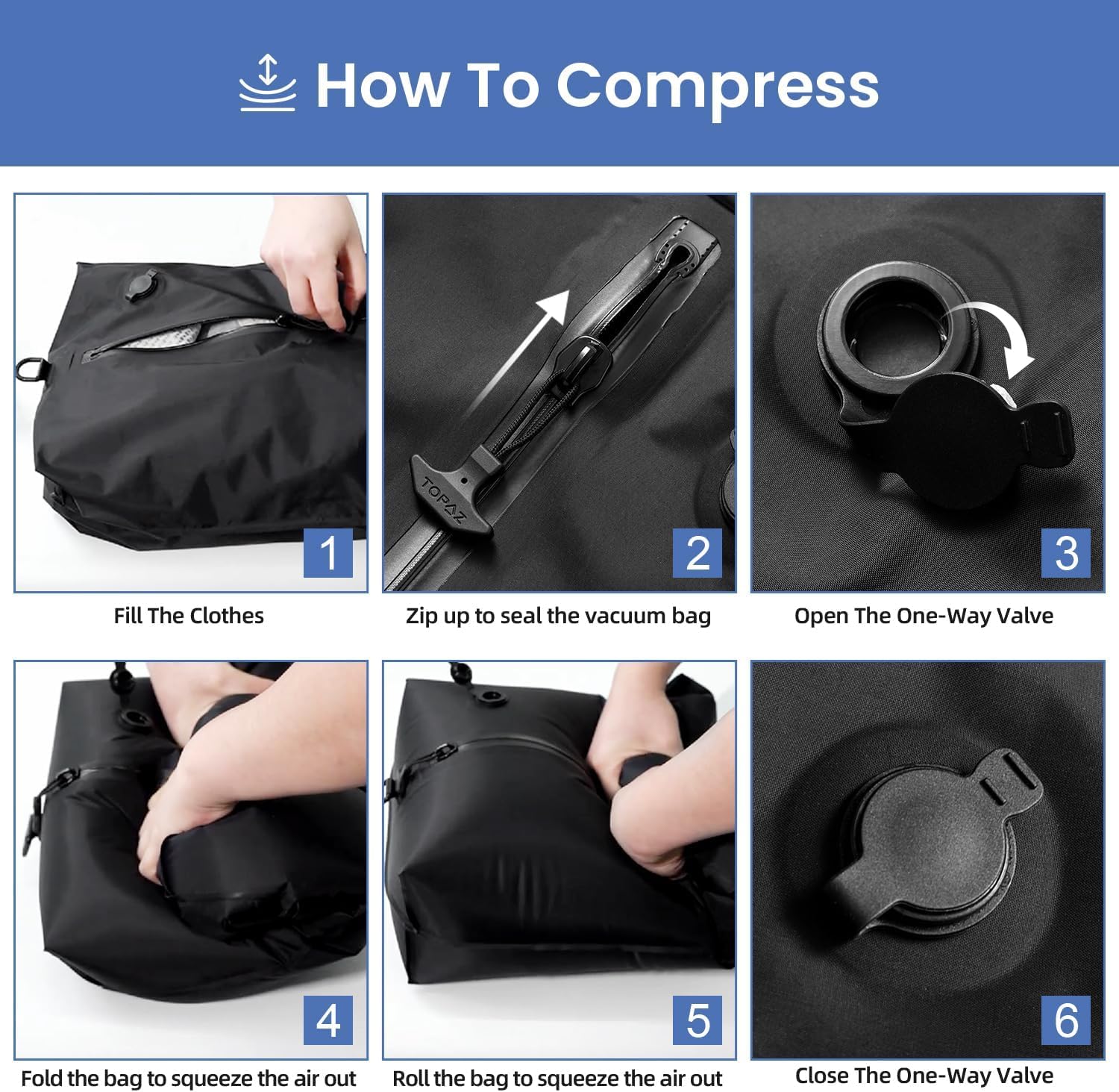 16L Sac sous Vide pour Vêtements de Voyage, Sac de Voyage sous Vide Imperméable Pliable avec Fenêtre Transparente (Noir, Sans Pompe)