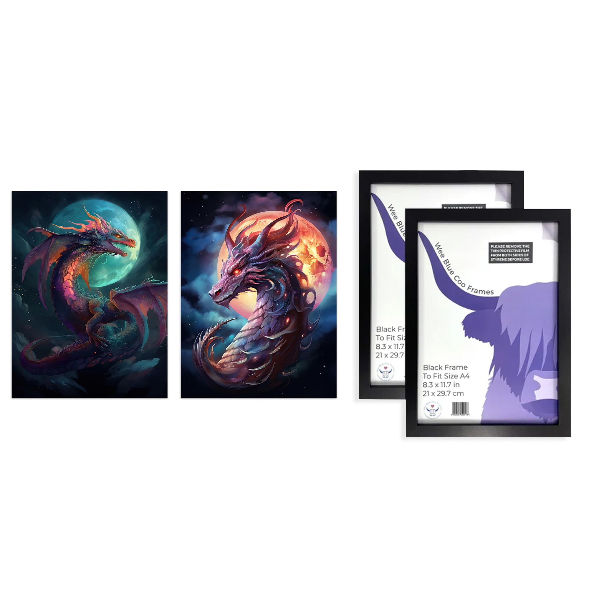 Artery8 Dragon Wall Art - Set of 2 A4 Sized Art with Black Frames - Moon Fantasy Mystical Serpent