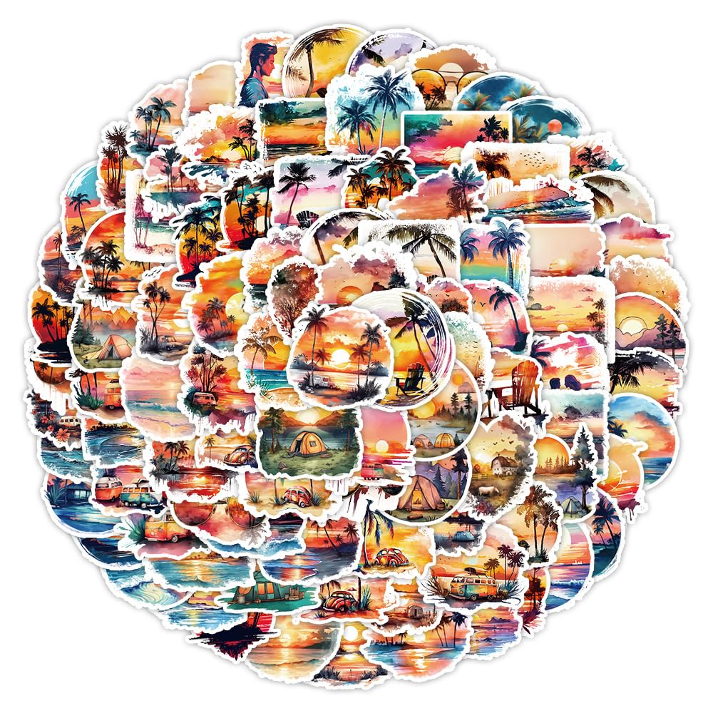 100 PCS Sunset Stickers for Water Bottle|Beach Sun Summer Vinyl Waterproof Sticker for Water Bottle Laptop Skateboard Phone Car Decals Gifts for Kids Teens Adults for Party Favors Supplies Decor