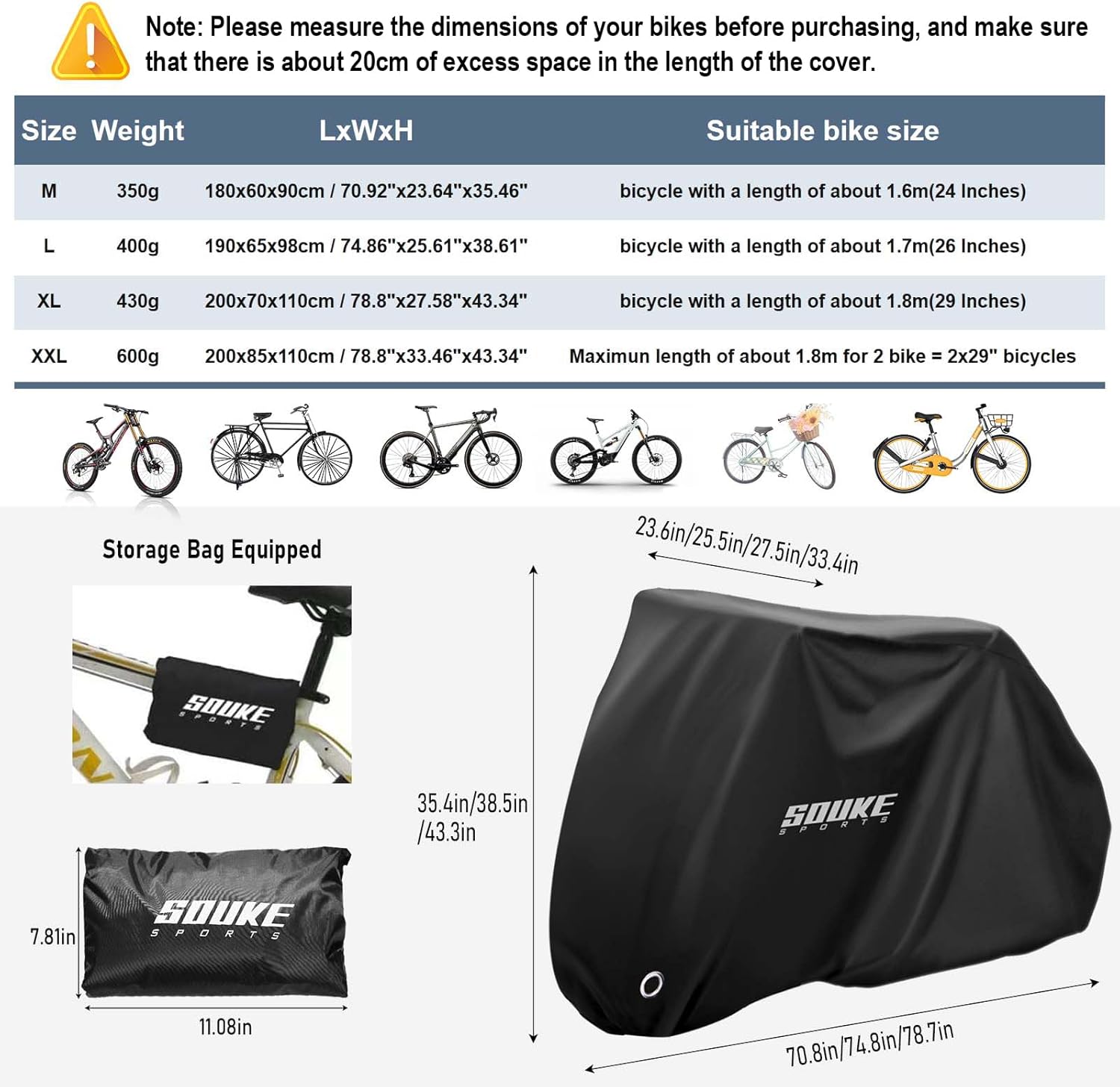 Souke Sports Bike Cover Outdoor Storage Upgraded Waterproof with Lock Hole Bicycle Tent Rain Sun UV Dust Wind Proof Bicycle Cover for Mountain Road Electric Bike, 70.92 x 23.64 x 35.46 inches