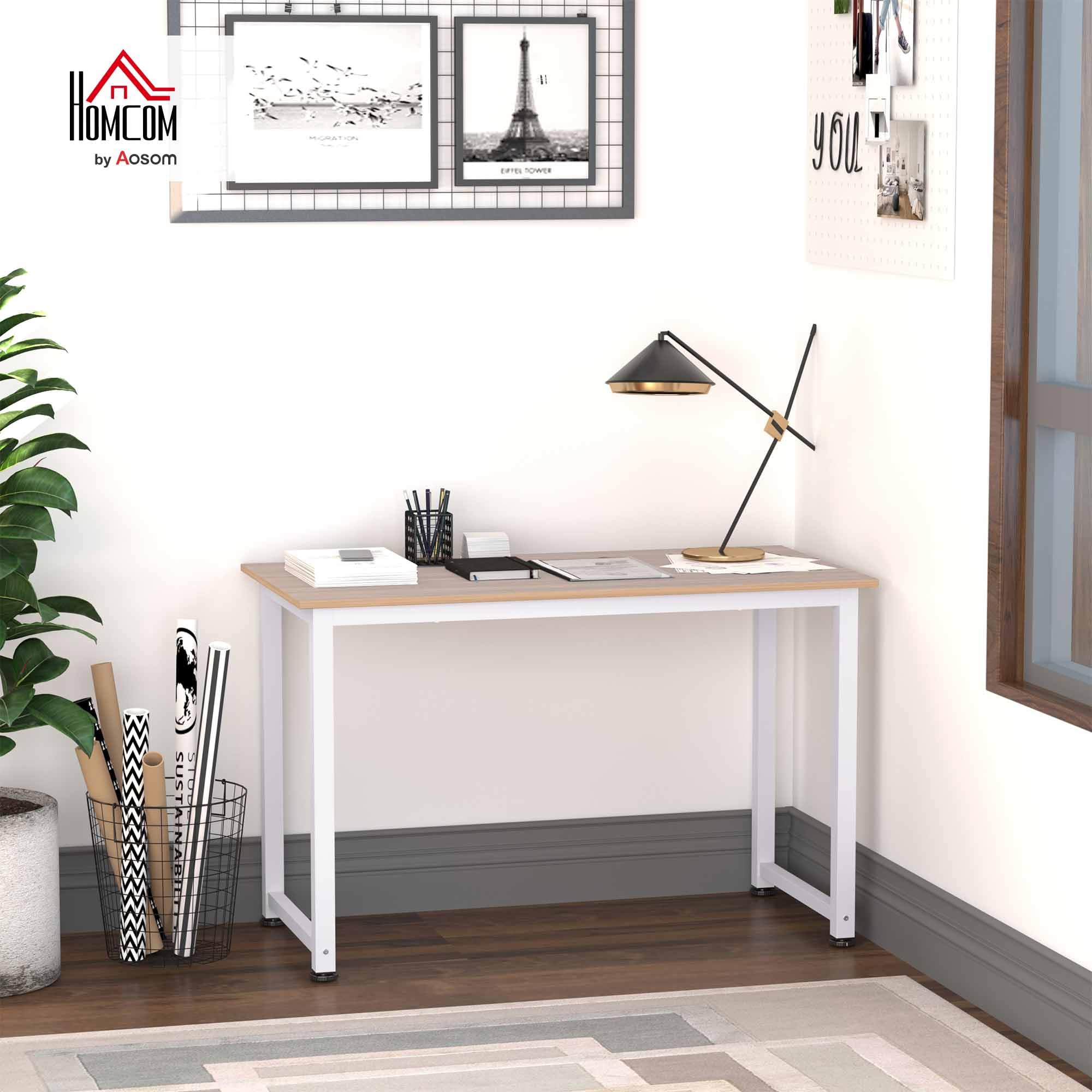 HOMCOM Mesa de Escritorio Moderna Marco Acero 120x60x76 cm Blanco y Natural | Mesa de Estudio, Pies Ajustables, Mesita de Ordenador, para Oficina Hogar