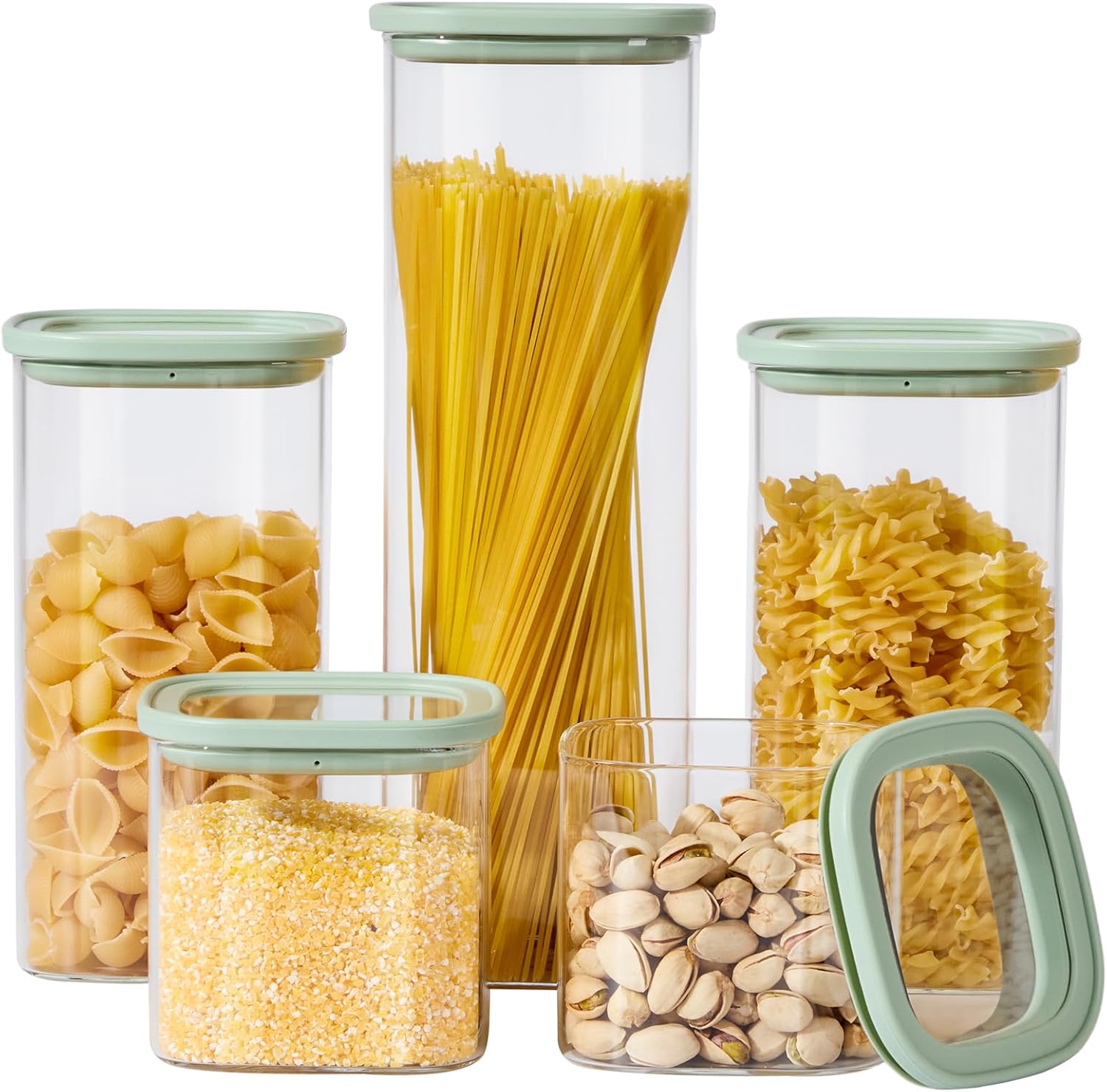 Square Glass Food Storage Jars with Lids Set of 5, Perfect for Pasta, Cookies, Nuts, Coffee, Cereal, Flour,Organize Your Kitchen with these BPA-Free Glass Jars with Lids