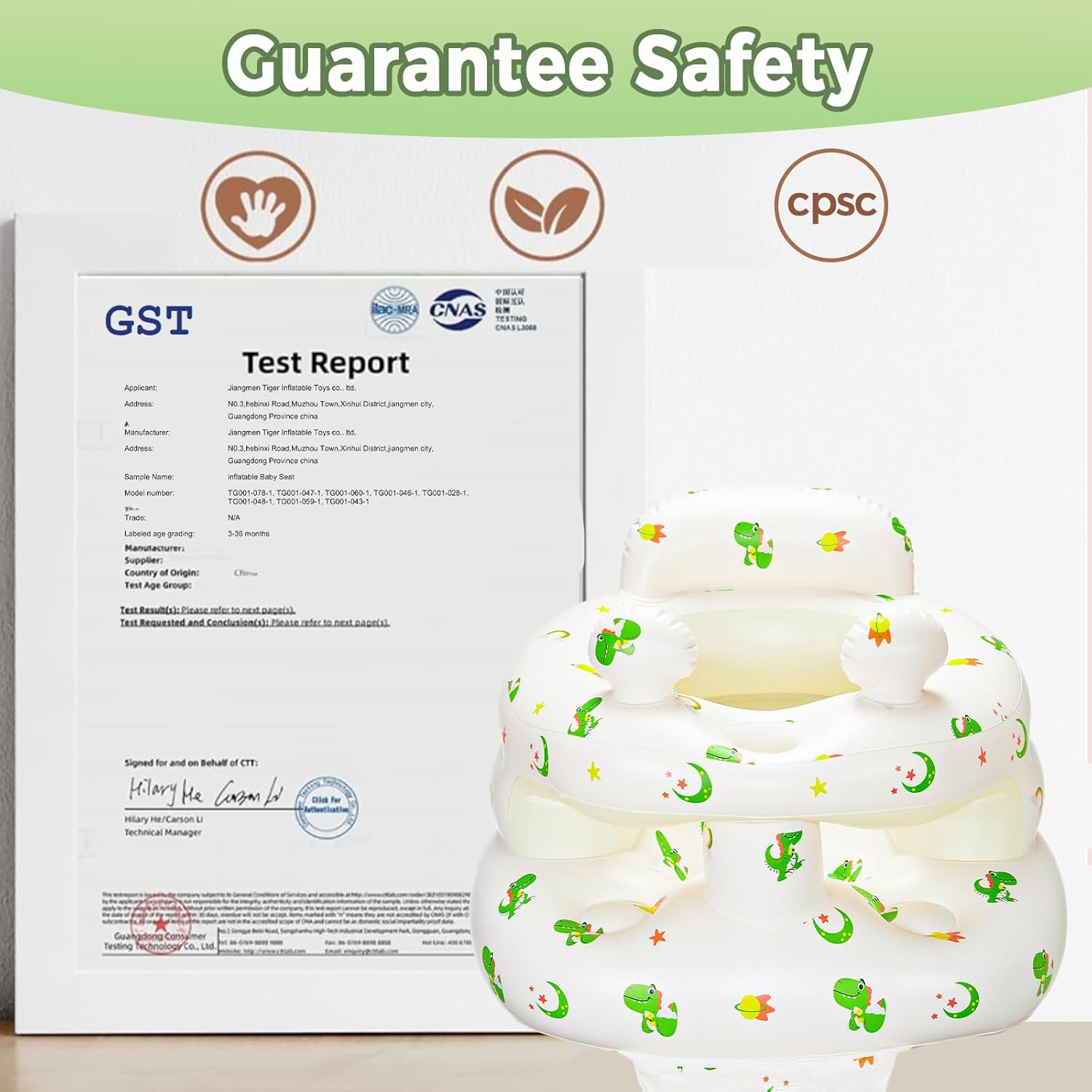 Inflatable Baby Seat for Babies 3-36 Months，[Squeaky Sound & Anti-Fall Design] Inflatable Chair with Sound-Making Ears, Baby Seat for Sitting-Up Practice, Built-in Air Pump (Ear Dinosaur)
