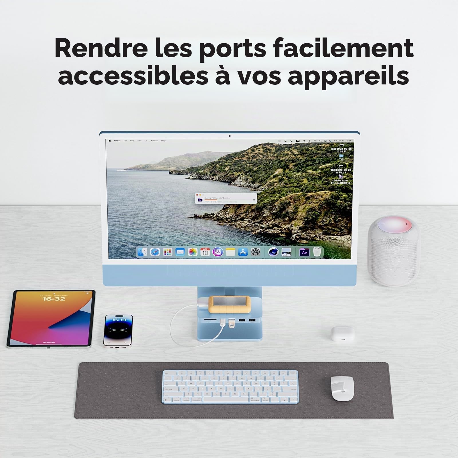 USB C Hub pour iMac M1/M3/M4 24" 2021/2023/2024 et Studio Display 27", Accessoire avec USB A/C 10Gbit/s, SD/TF, Bleu (Sans Boîtier SSD)