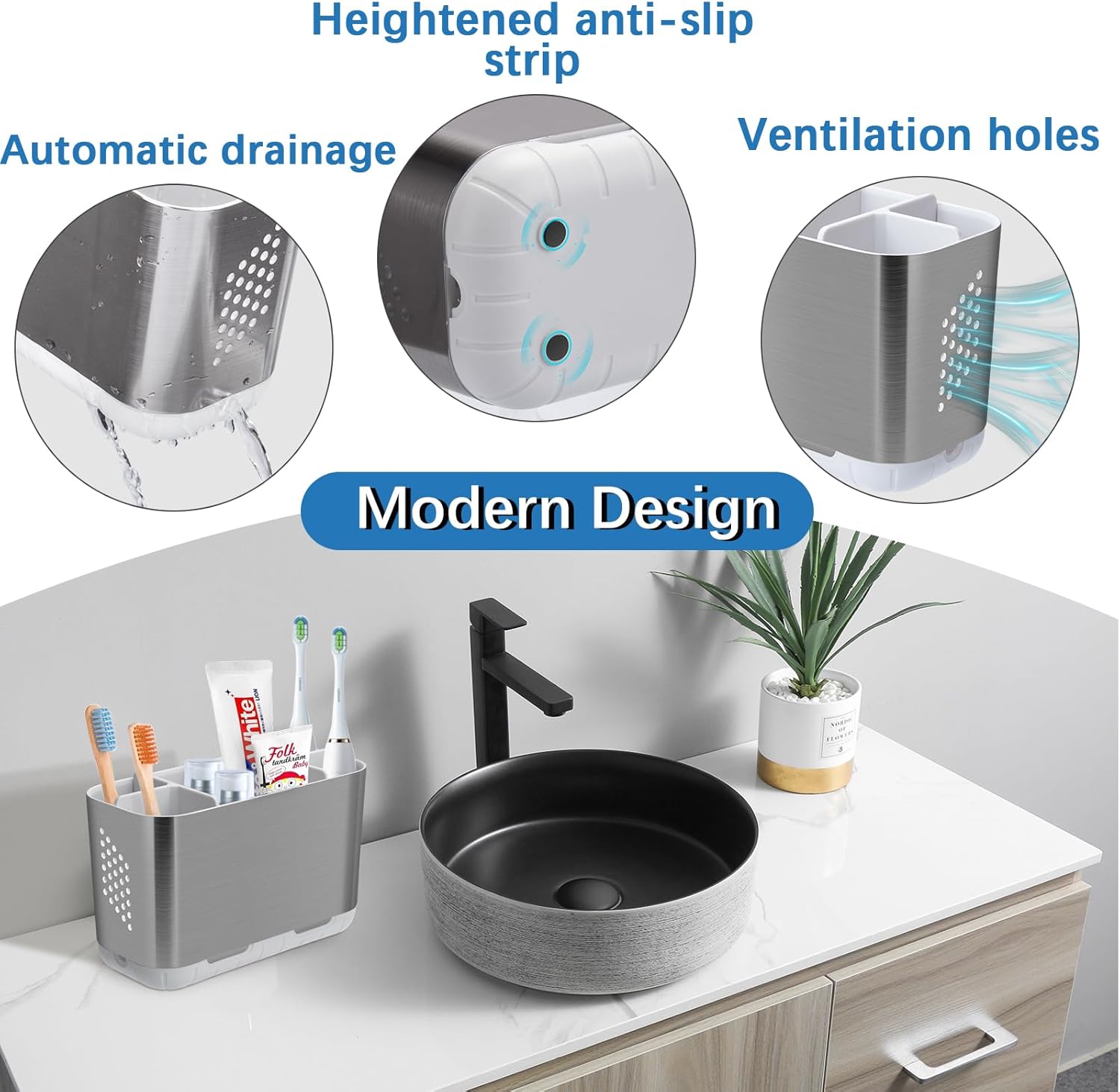 Electric Toothbrush Holders for Bathroom Countertop, Kids Toothbrush and Toothpaste Holder, Bathroom Organizers and Storage(Marble Grain&Brushed Silver)