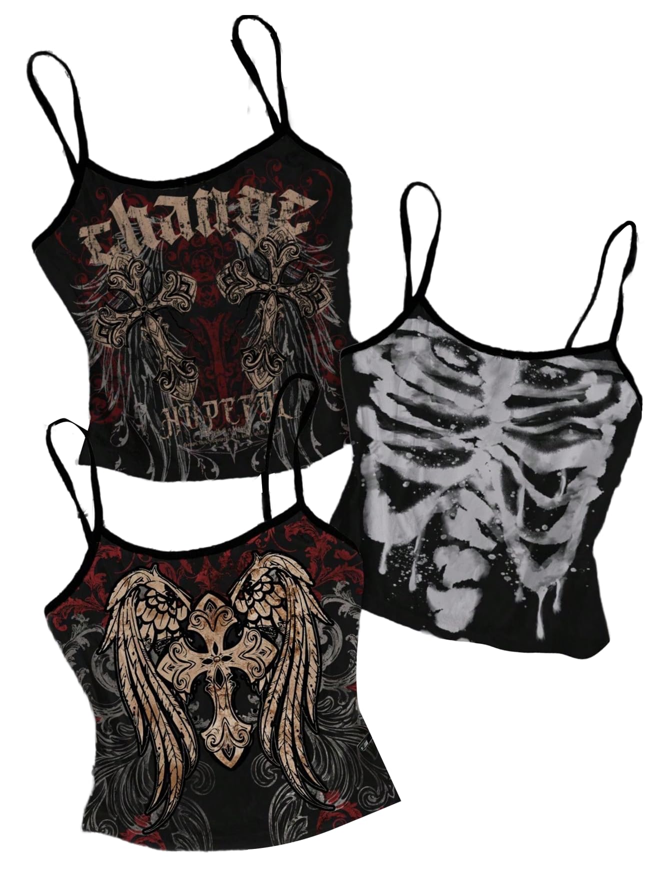 Women's Goth Top 3 Packs Crop Camisole Y2k Graphic Fitted Spaghetti Strap Tank Shirts