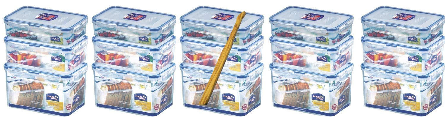 Lock & Lock - Juego de recipientes herméticos (15 Unidades, 5 x HPL818 1,9 l, 5 x HPL817T 1 L, 5 x HPL816T 0,8 L, apilables y espátula de Madera de Olivo multifunción)
