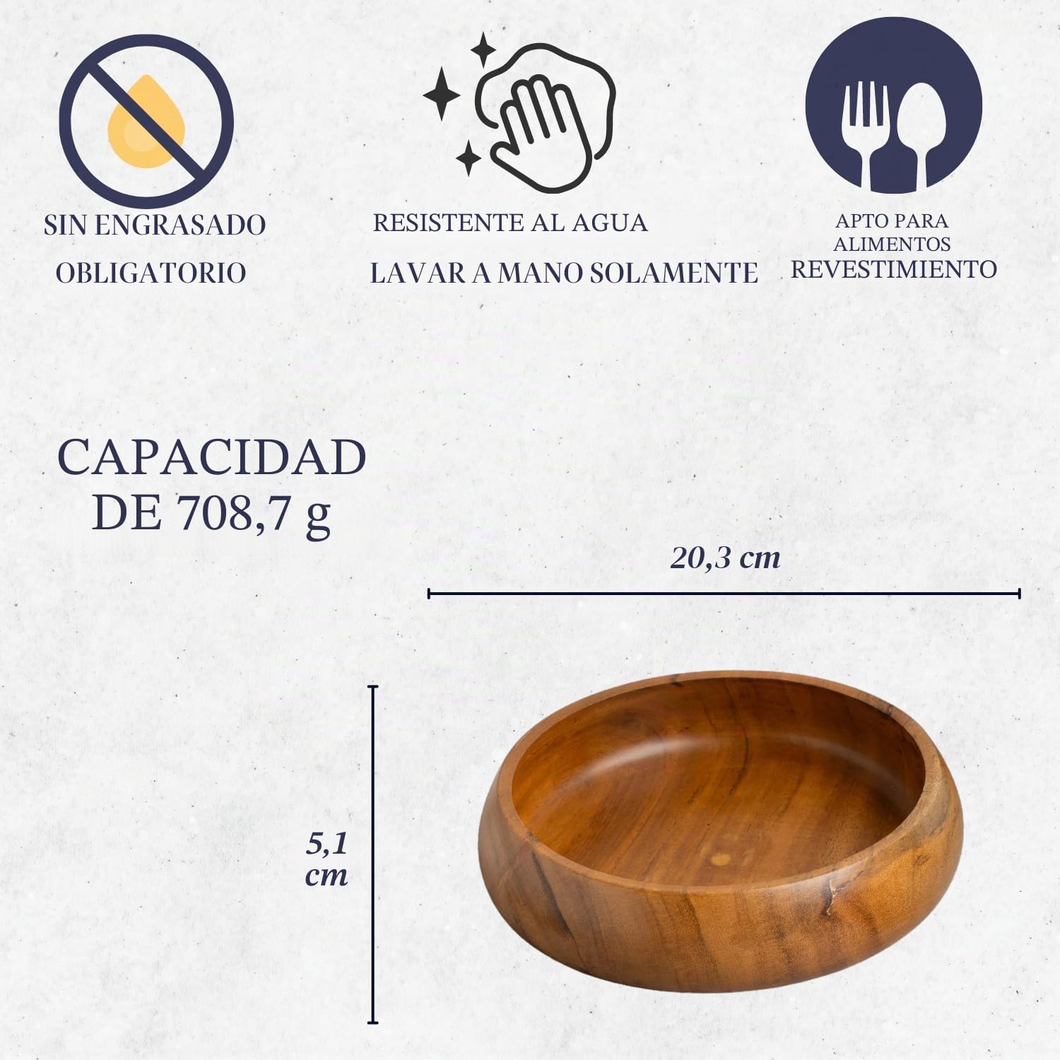 Cuencos de Madera para Alimentos | Set de 4 Cuencos Individuales de Madera de Acacia 20x5 cms (740 ml) | Disfrute de su ensalada, pasta, arroz, acai, batido, sopa, frutas, bocadillos