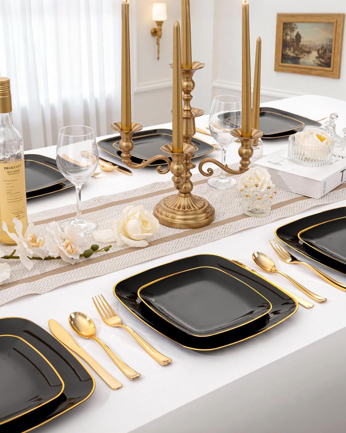 bUCLA 100PCS Black Plastic Plates with Gold Trim - Heavy Duty Black Gold Square Plates Disposable - Include 50 Each (Dinner & Dessert) for Party & New Year - Image 9