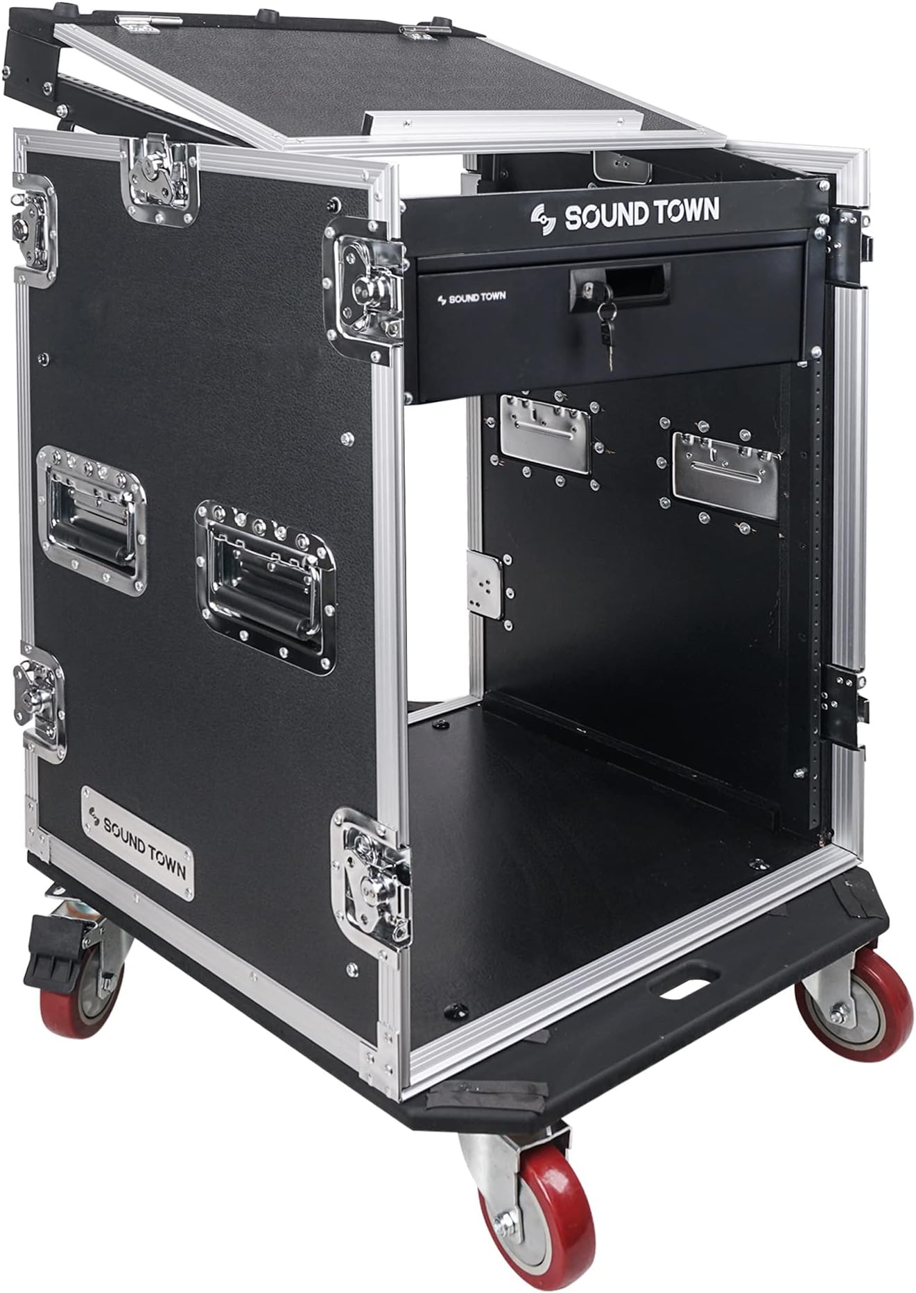 Sound Town Heavy-Duty 1/2" (12mm) Plywood 14U PA DJ Pro Audio Rack/Road ATA Case with 11U Slant Mixer Top, Locking Drawer, 20โโ Rackable Depth and Casters (STMR-14D3)