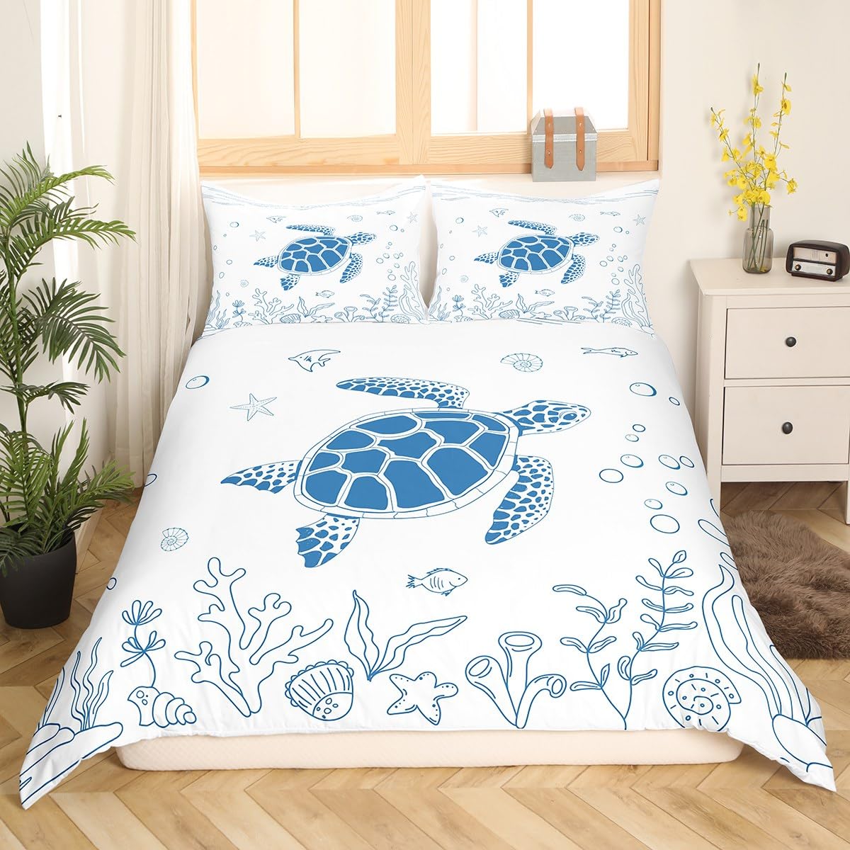 richhome Sea Turtle Duvet Cover Single Size,Cute Fish Marine Life Bedding Set 2pcs for Kids Teens,Blue White Simple Sketch Comforter Cover Soft Quilt Cover Bedroom Decor Bedspread โ image 1