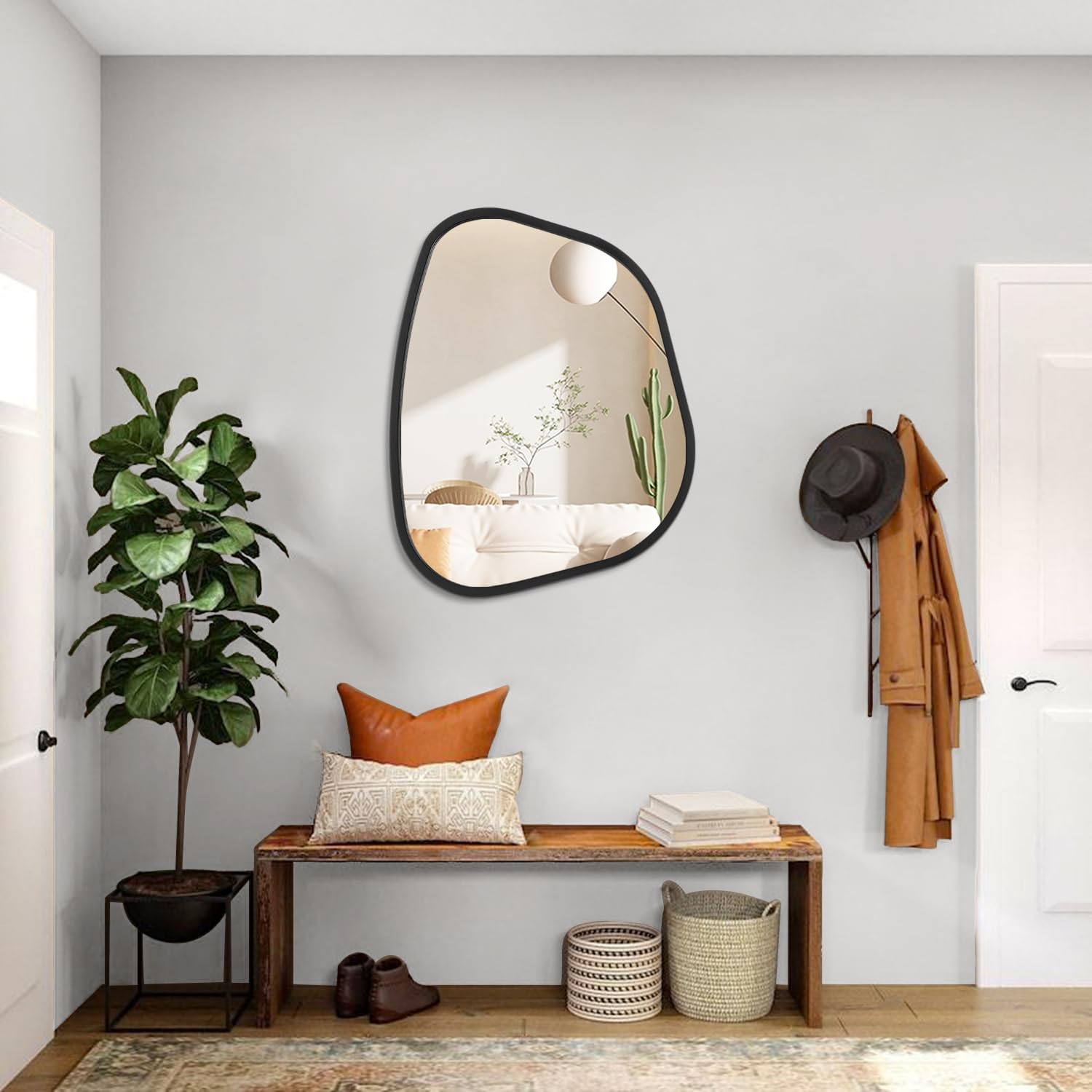 Schwarzer Asymmetrischer Spiegel Großer 50 x 40 cm Unregelmäßiger Ovaler Wandspiegel Moderner Holzrahmen Wand befestigter Spiegel Dekorativ für Wohnzimmer Schlafzimmer Badezimmer