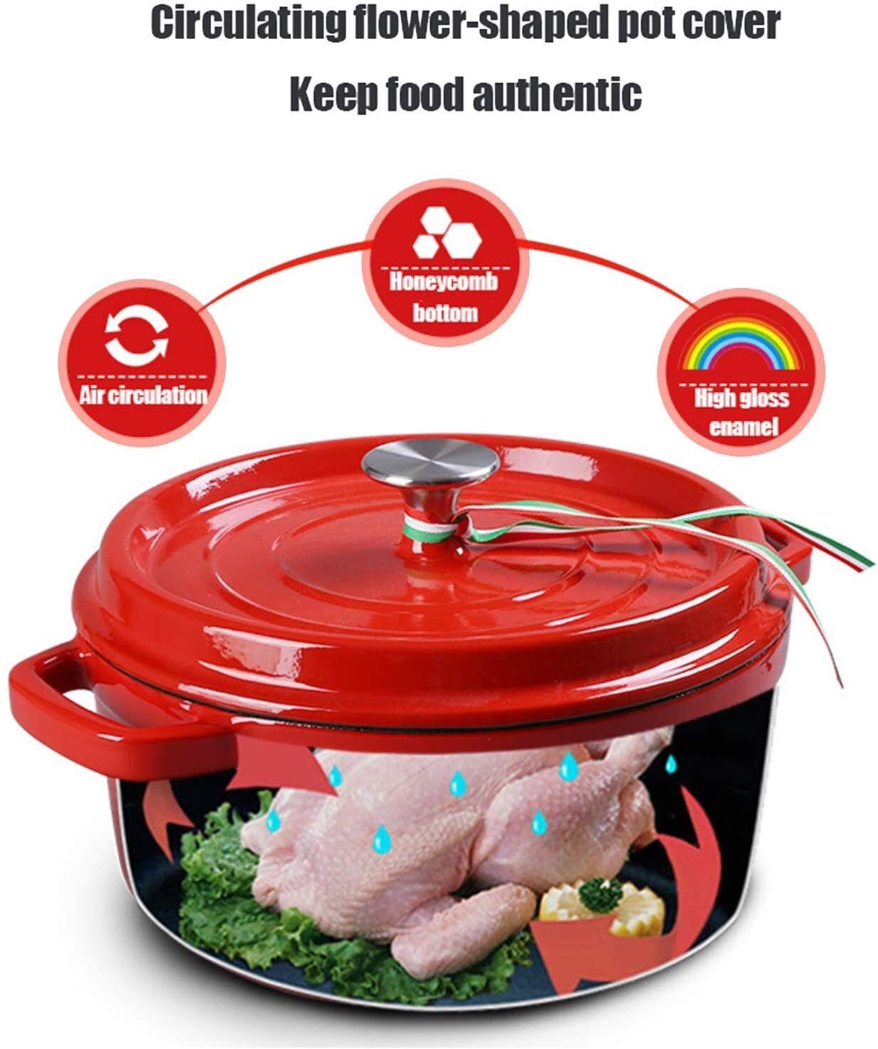 Cazuela Redonda de Hierro Fundido esmaltado para Horno, Olla de Horno con Perilla de Acero Inoxidable, para Preparar Comidas Bajas y lentas, cazuela Antiadherente de Hierro Fundido de cocció