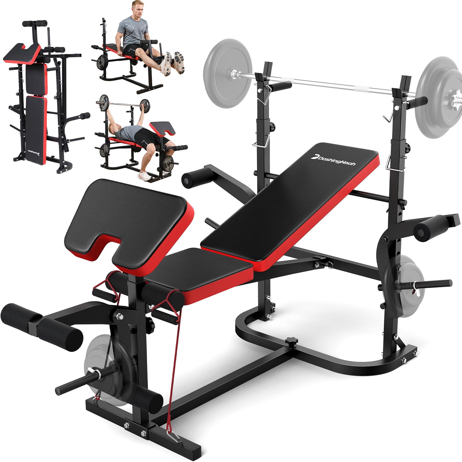 6-in-1 Foldable Weight Bench Set, 1695LBS Adjustable Workout Bench/Barbell Rack/Curl Pad, Bench Press, Leg Extension and Curl machine, Workout Fitness Equipment w/Squat Rack for Home Gym