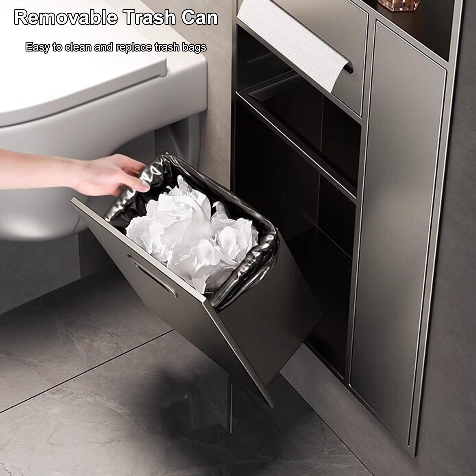 Dispensador Papel Secamanos Empotrado, Dispensador de Toallas de Papel de Acero Inoxidable 304 con Plataforma de Almacenamiento y Cubo Basura para Doméstico(Gray)