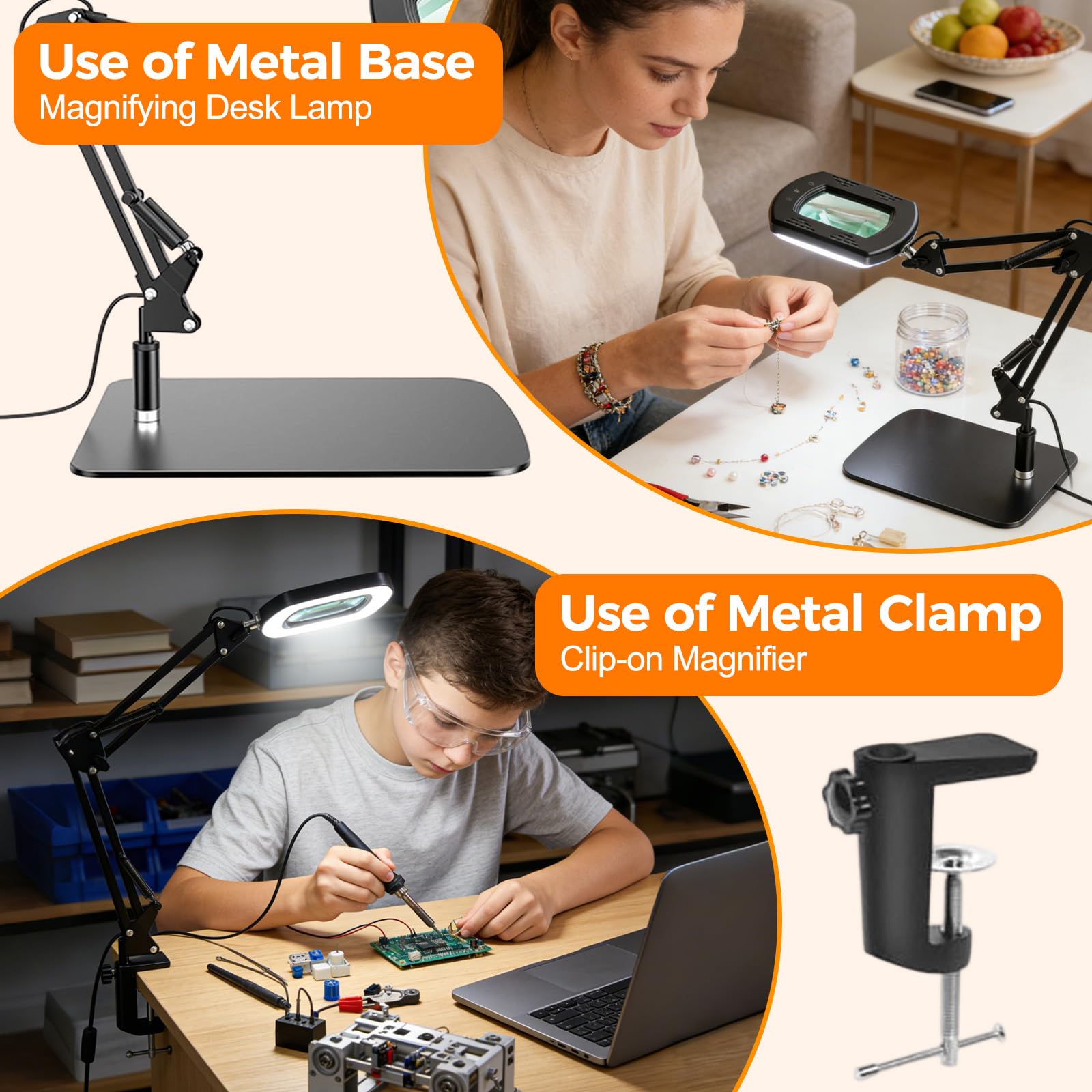 Lente d'ingrandimento 15X con luce e supporto, lampada da tavolo 2 in 1 con