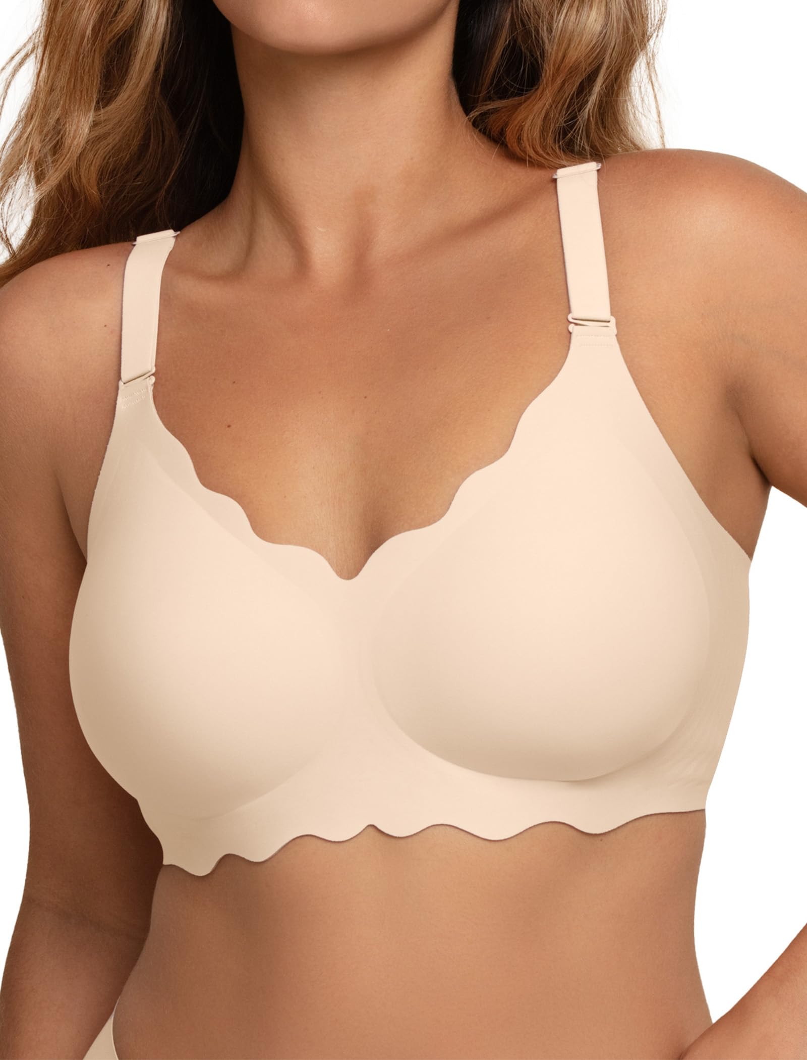 COMFELIE Seamless Wireless T-Shirt Bra for Women, Full Coverage No Underwire with Deep V Neck, U-Back &amp; Lace Trim