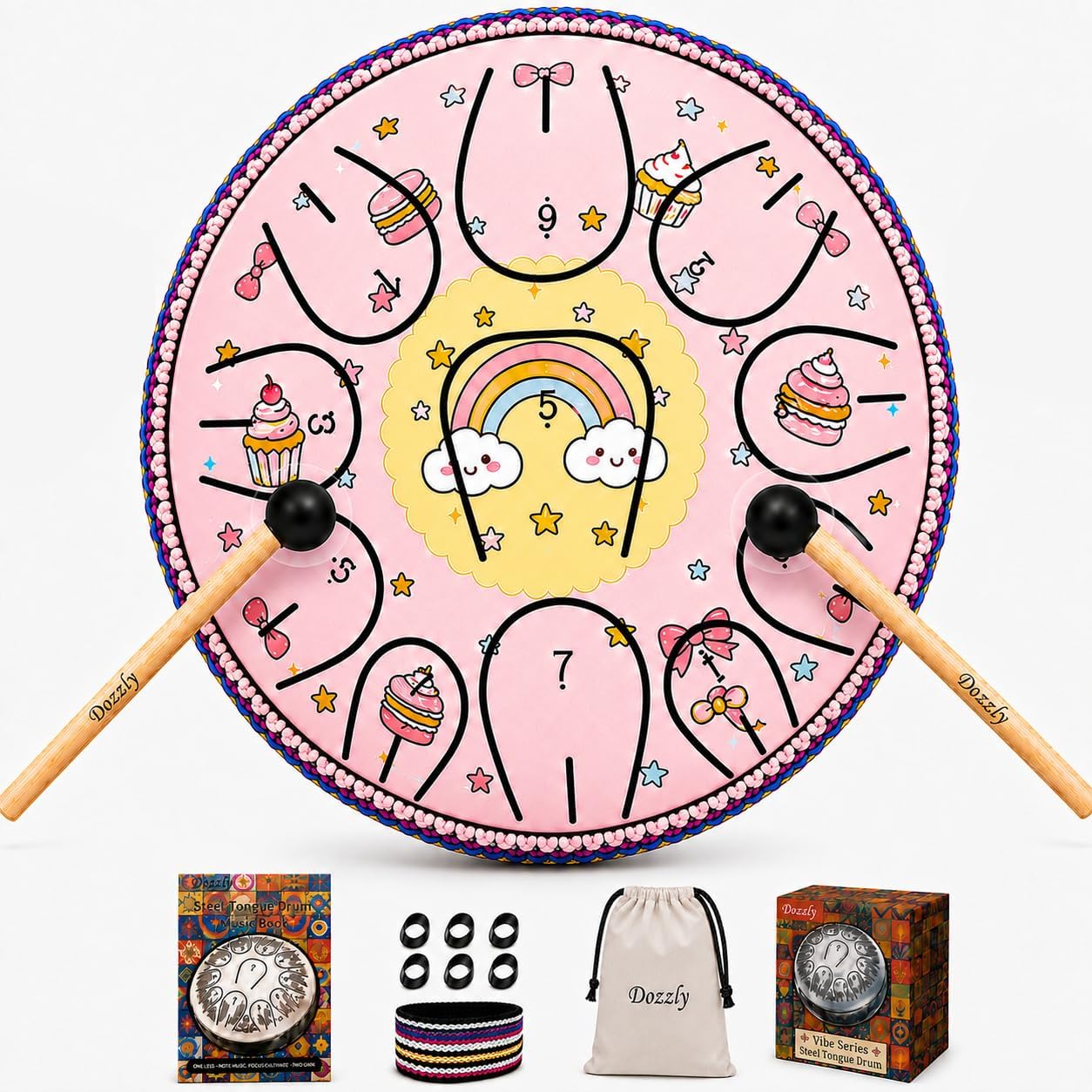6-Inch 11-Note Rain Drum for Garden, Printed Steel Tongue Drum with Engraved Notes, Mallets, Finger Picks, Music Book and Bag, Percussion Instrument for Relaxation, Camping & Gift(Pink)