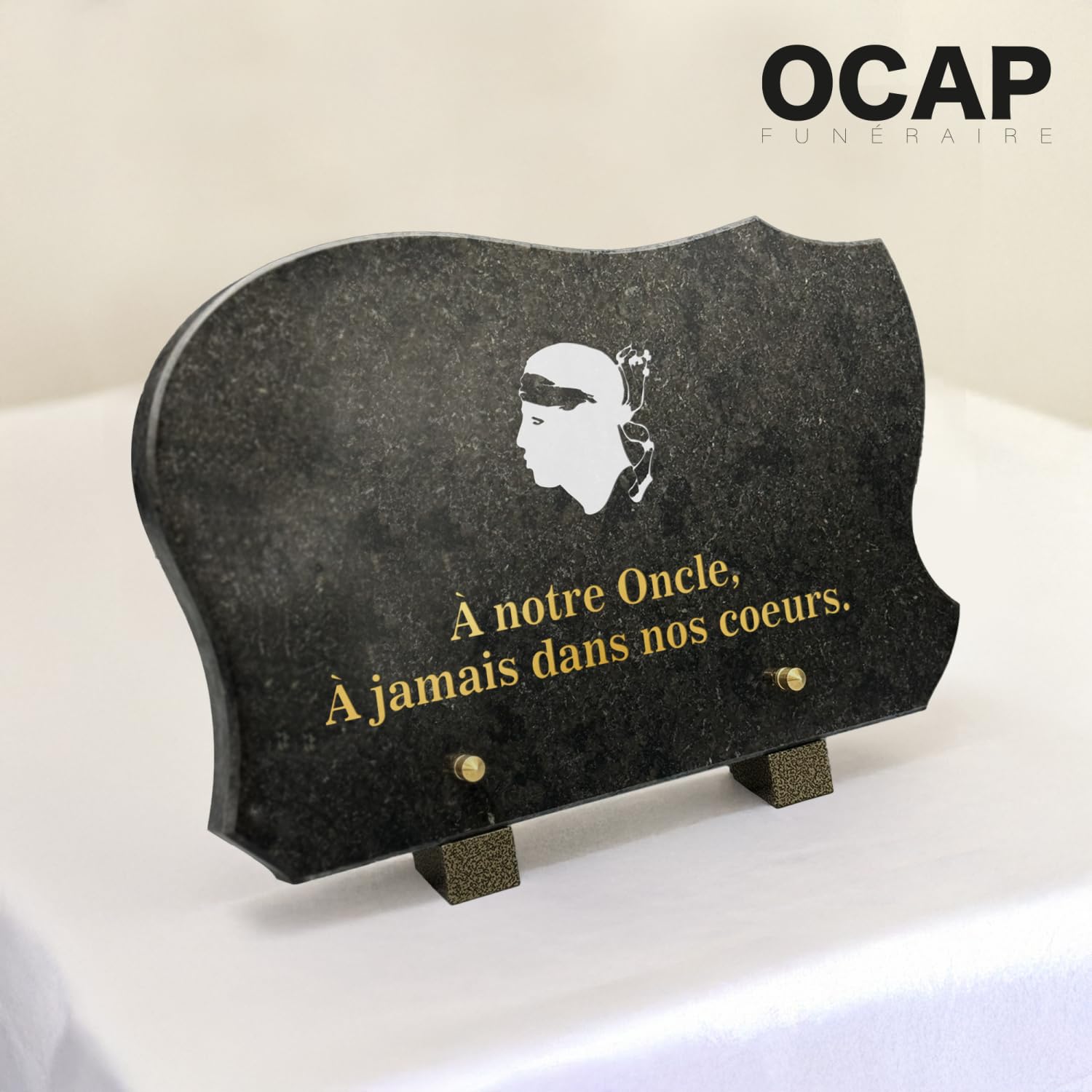 Placa funeraria rectangular redondeada de granito genuino de 2 cm, personalizable con Pictograma y texto, 29 x 19 cm