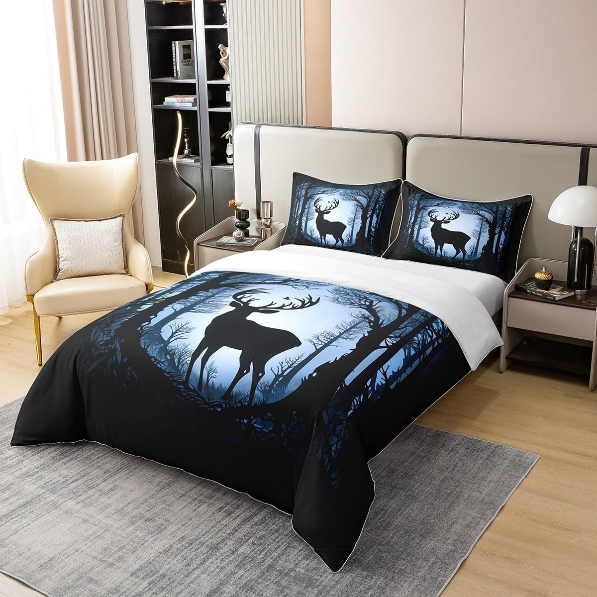 100% Cotton Watercolor Blue Jungle Duvet Cover Full Size,Deer Antler Silhouette Wild Animals Trees Comforter Cover (Not Comforter),Outdoor Camping Landscape Dark Night All Season Bedding