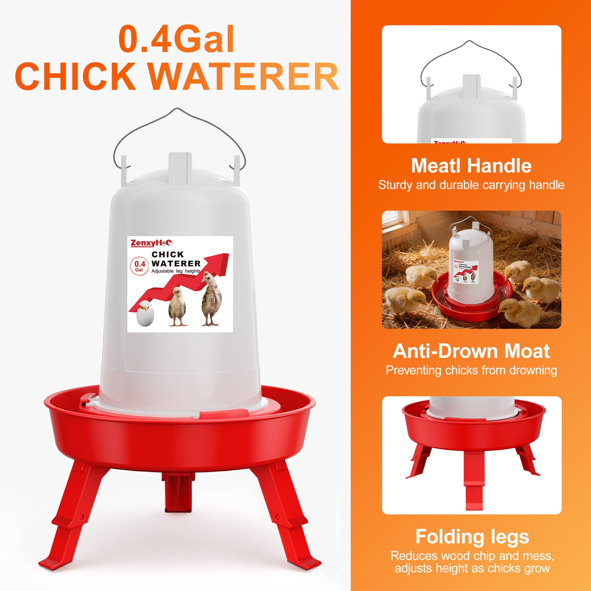 ZenxyHoC Set mangiatoia abbeveratoio pulcini 1,5 l 3 gambe regolabili rosso