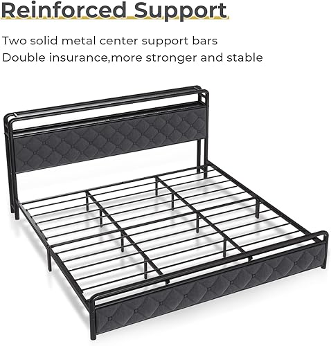 Miniatura 8 de Base de cama King con luces LED, cama de plataforma tamaño King con almacenamiento de cabecera de 2 niveles, estación de carga tipo C y USB, tela de