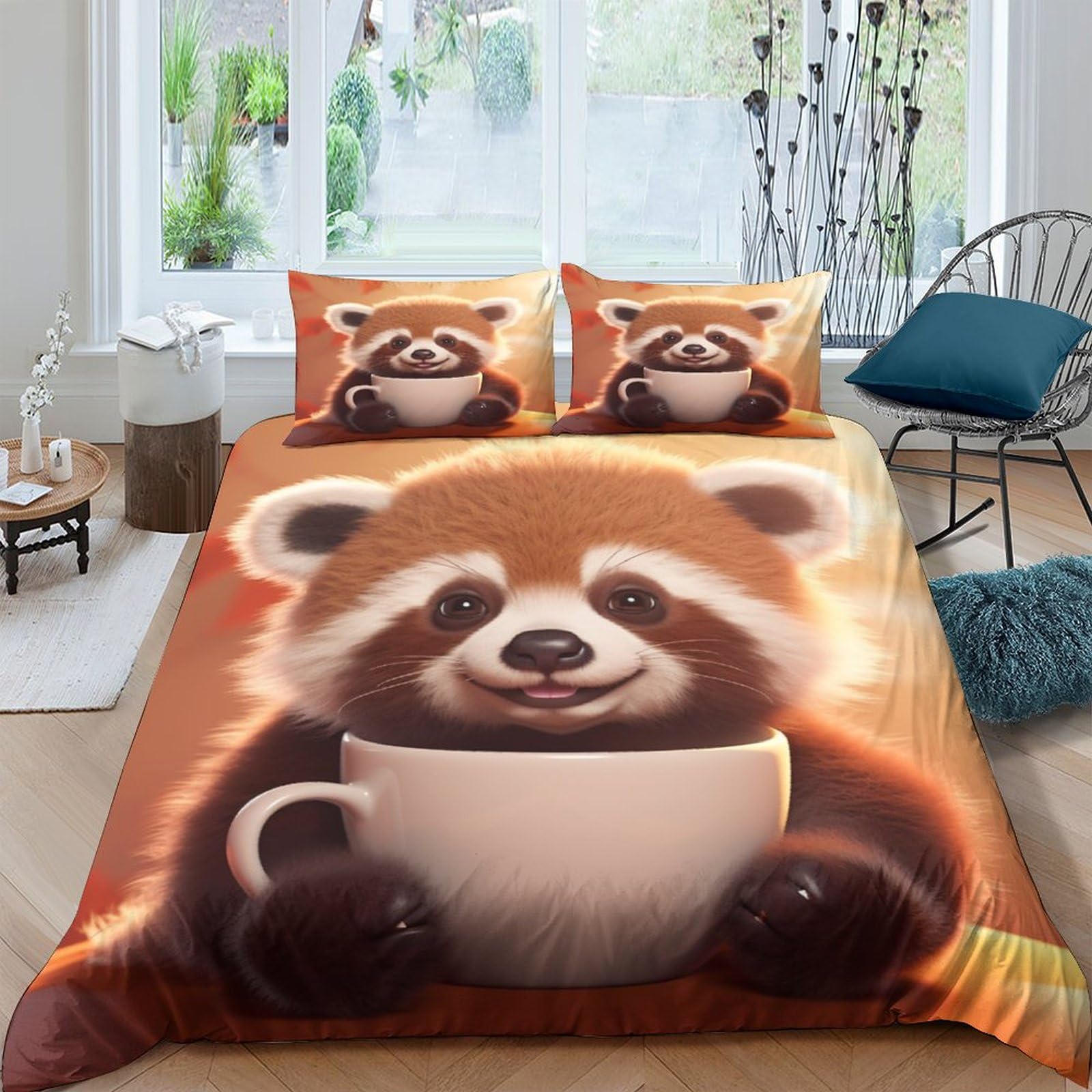 Ensemble de literie panda roux 3D housse de couette 200x200cm