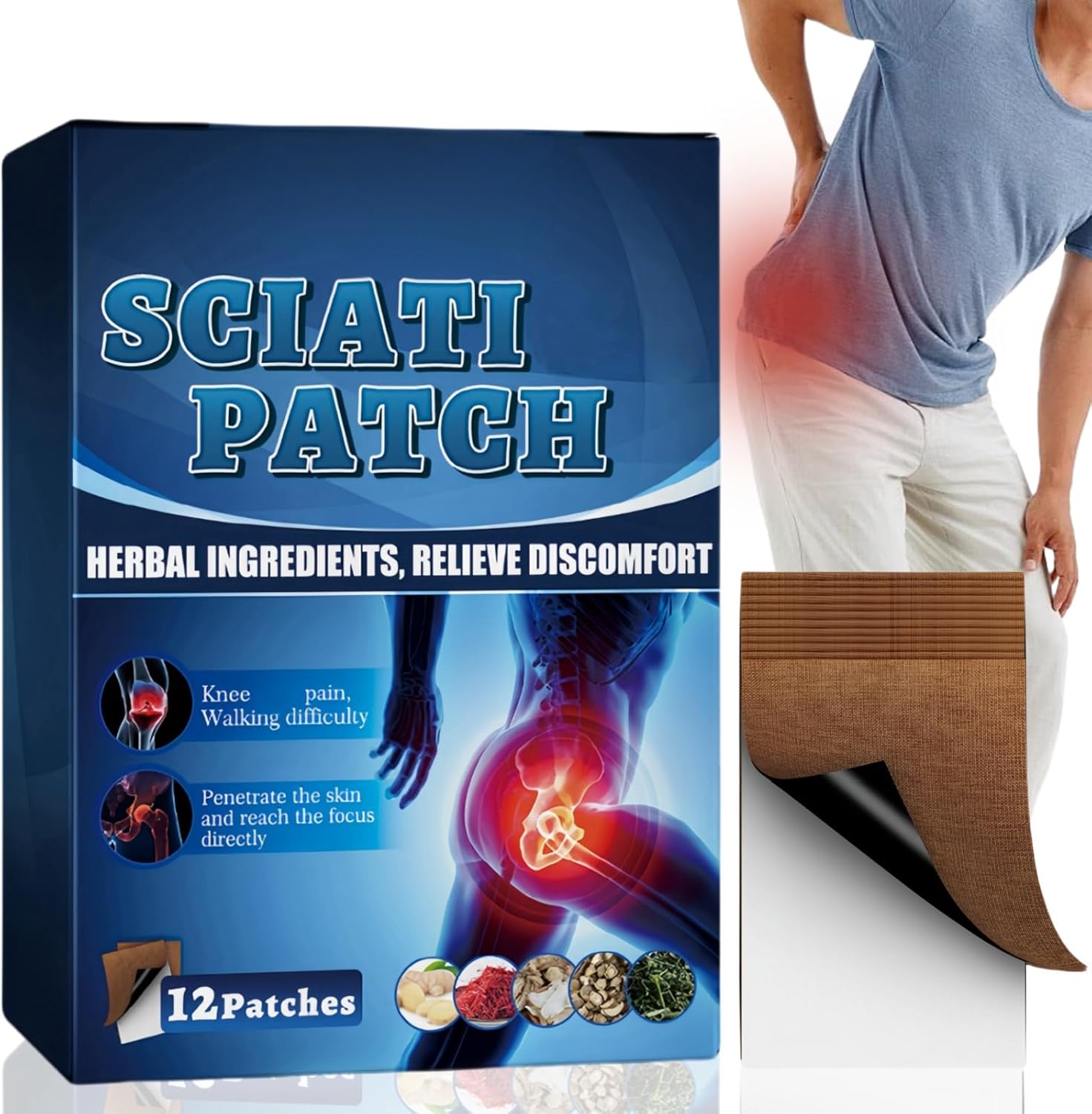 12Pcs Sci/atica Pain Relief Patches,Sci/atica Pain Relief Products,Sci/ATIC Nerve Pain Relief Patch,Heat Pads for Back Pain Relief,Sheets Sci/atica Patch,Sheets Pain Reducing Patch,Herbal Patches
