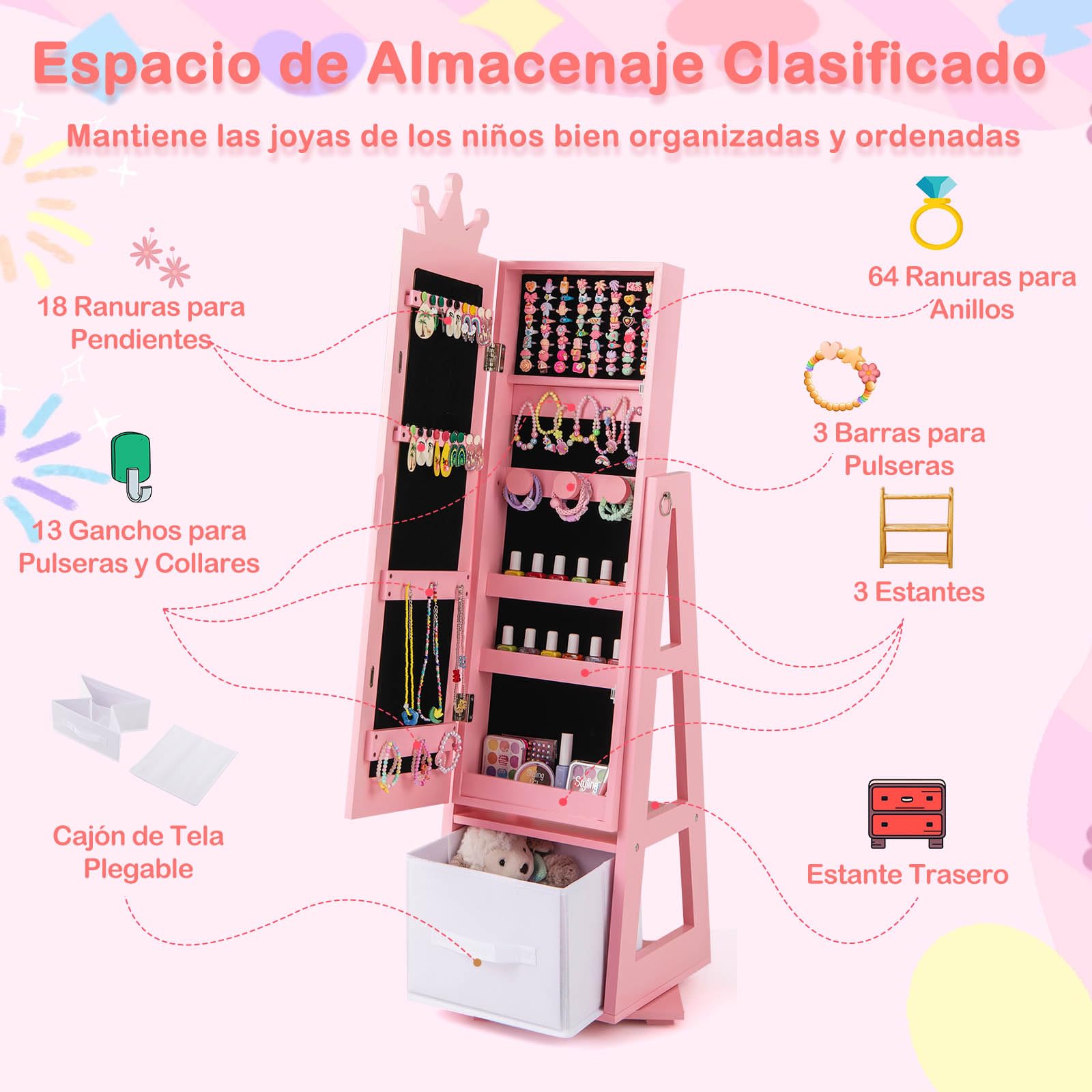 GOPLUS Armario para Joyas de Niños con Espejo de Cuerpo Completo, Armario Joyero Infantil con Cajón Plegable, Mueble de la Joyería para Dormitorio y Sala de Juegos de Niños de 3+ Años (Rosa)