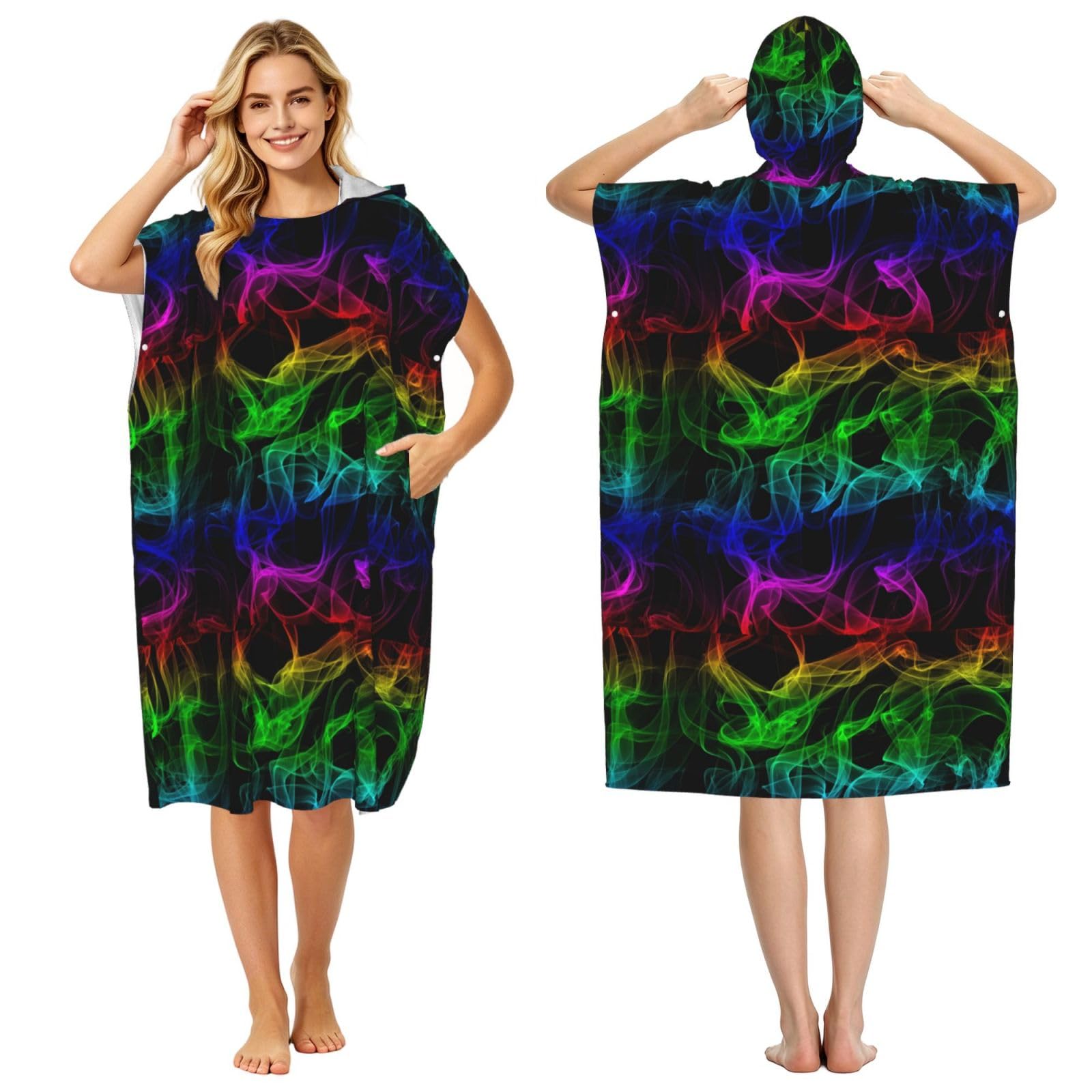 Poadnly Glow In Dark Splatter Neon, Adult Hooded Beach Towel 90 x 110 cm,Changing Bath Robe, Surf Poncho Towel For Women Men