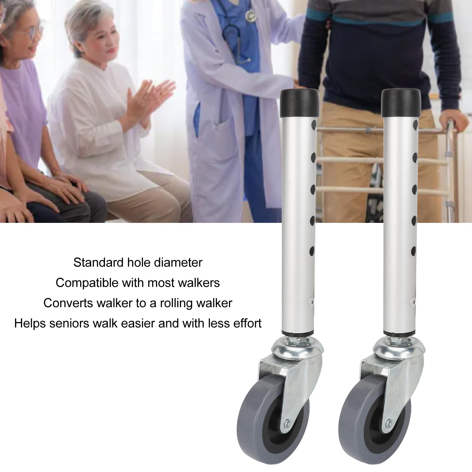 BRRNOO 2 Ruedas para Andador, Accesorios de Repuesto para Andador, Ruedas Giratorias Universales para Pies de Andador, Repuesto de Altura Ajustable para Personas Mayores