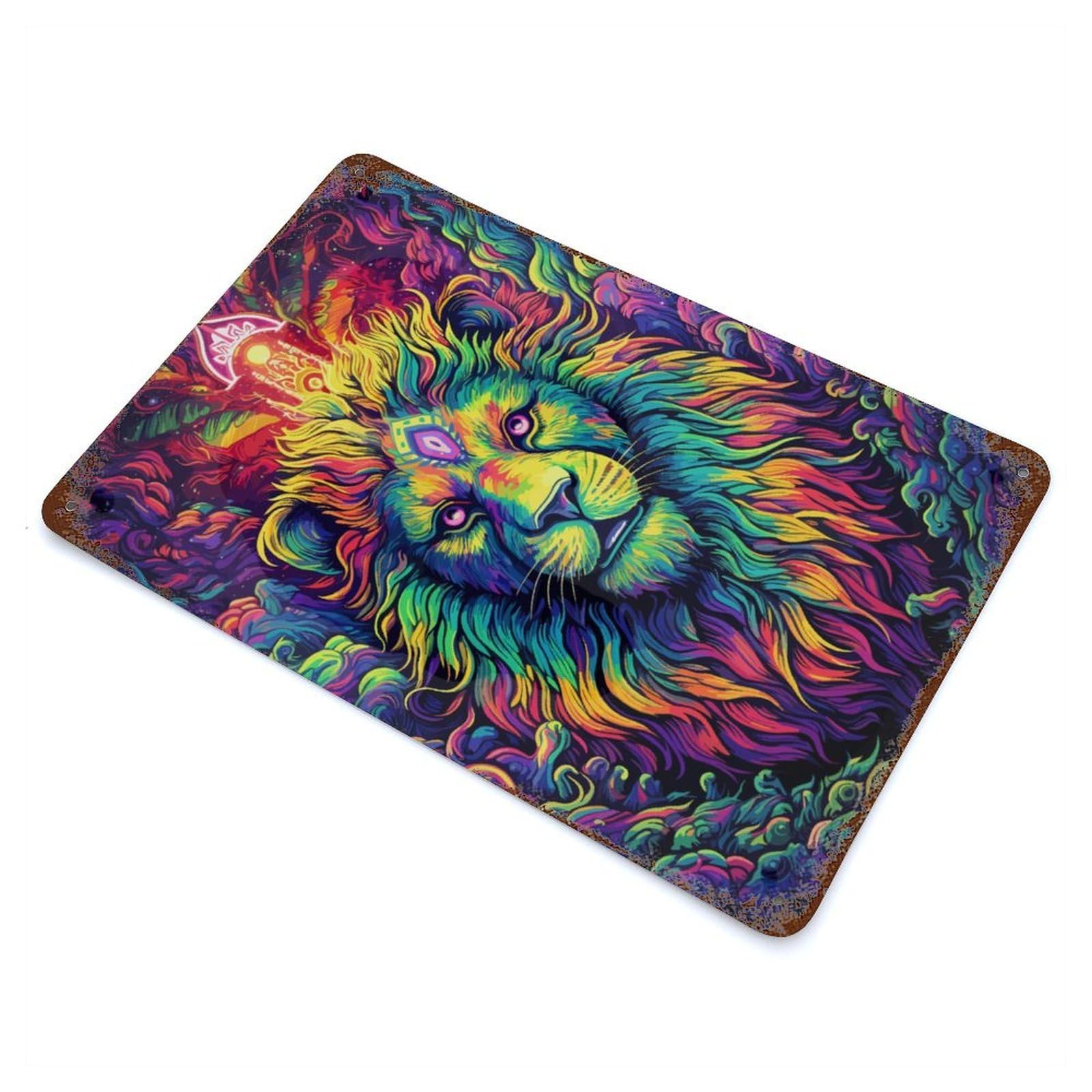Rust Effect Psychedelic Trippy Lion Rusty Metal Tin Sign 11.8"x7.9", Old School Wall Decor for Basement, Hobby Room And Garage Decor