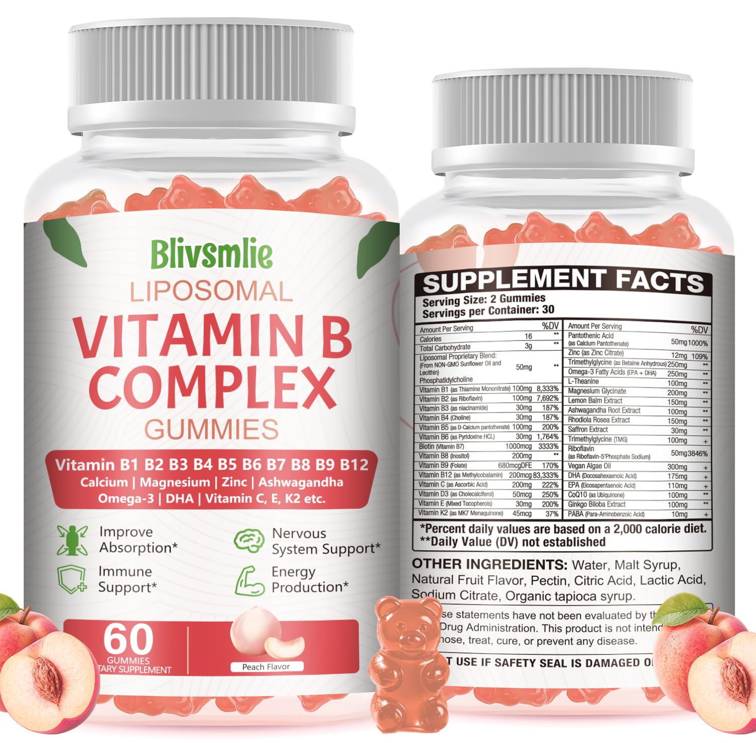 33-in-1 Liposomal Vitamin B Complex Gummies - B1, B2, B3, B4, B5, B6, B7, B8, B9, B12, Vitamin C, D3, K2, Calcium, Magnesium, Zinc for Energy, Brain, Immune, Skin Support & Heart Support — Amazon image 8