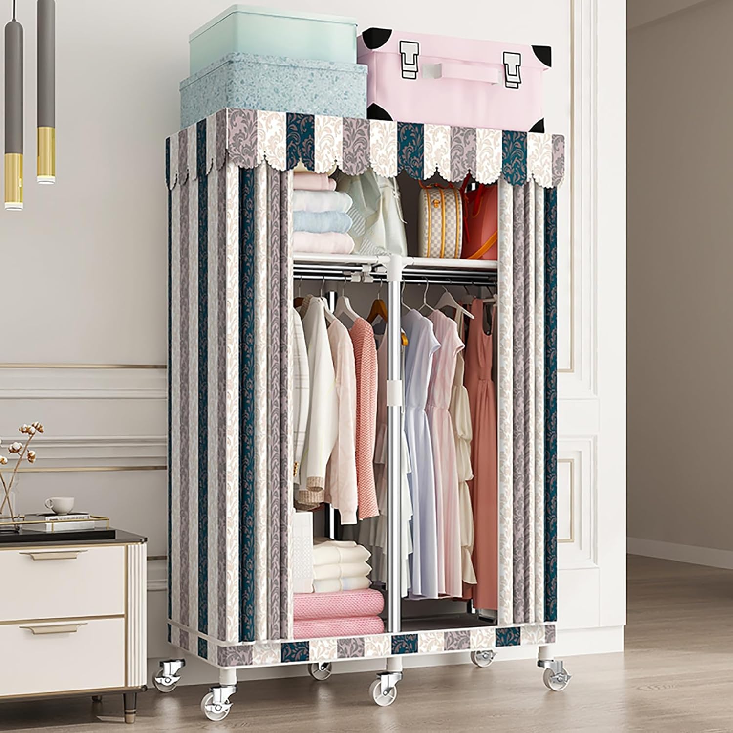 ワードローブ カバー付き 大容量 ハンガーラック衣類収納ラック ジッパー付きクローゼット 簡単組み立て式 省スペース おしゃれ 頑丈