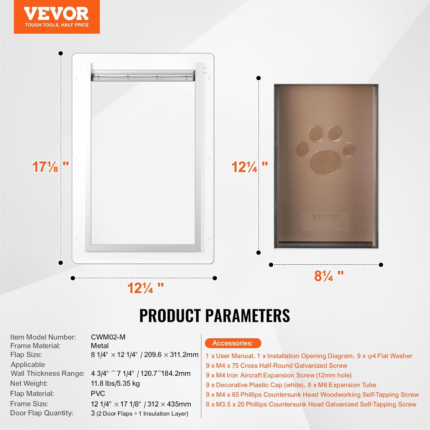 VEVOR 3-Flap Pet Door for Wall, Metal Frame with Lock, Energy-Efficient Insulated Pet Door, Easy to Install in Interior or Exterior Walls, Dog Door for Medium Dogs (White-Medium)