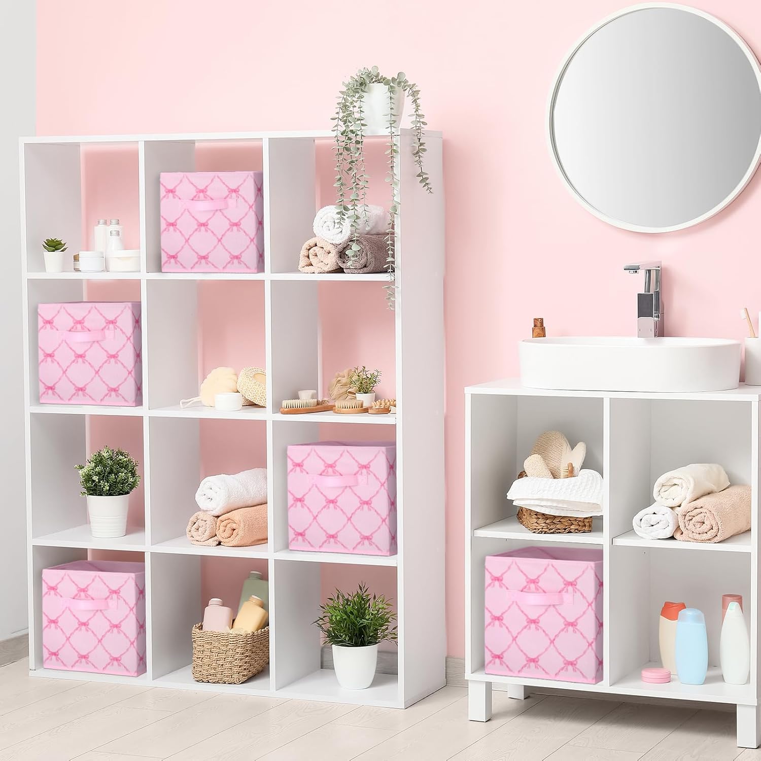 Geelin 6 Pcs Pink Bow Cube Storage Bins 11 Inch Storage Basket with Handle, Preppy Girls Organizer Basket, Collapsible Fabric Box for Classroom Bedrooms Office Home Decoration Gift