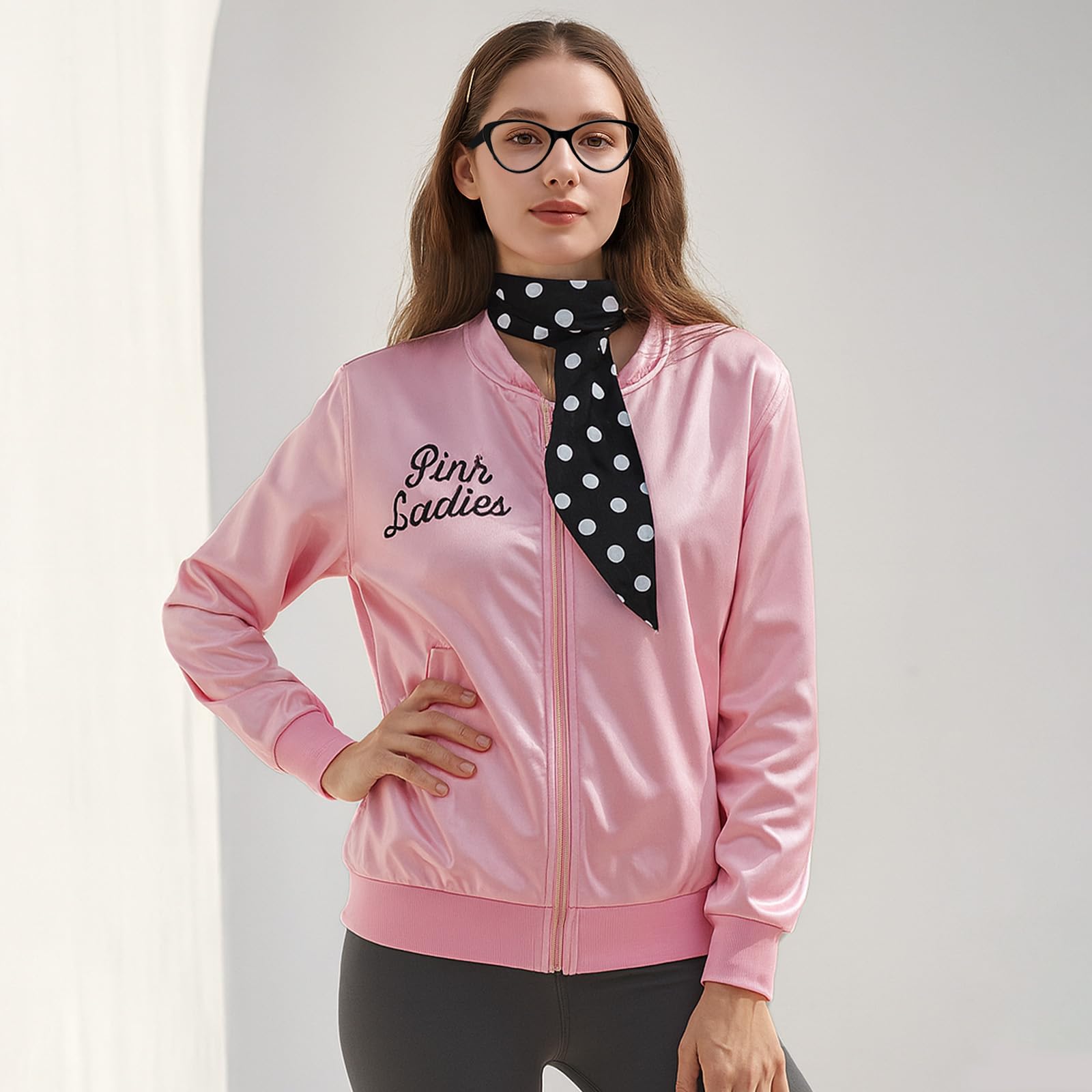 AYNKH Pink Jacket for Ladies Fancy Dress with Accessories Scarf Glasses 1950s Pink Satin Jacket - Image 3