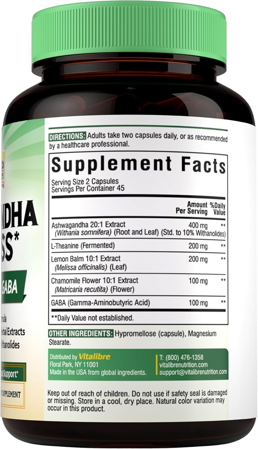 Ashwagandha Supplement for Women Men, 20:1 Ashwagandha Extract Plus L-Theanine, GABA, Lemon Balm & More, Extra Strength, High Absorption, Calming Mood & Focus, 90 Vegan Capsules, Non-GMO - Image 9