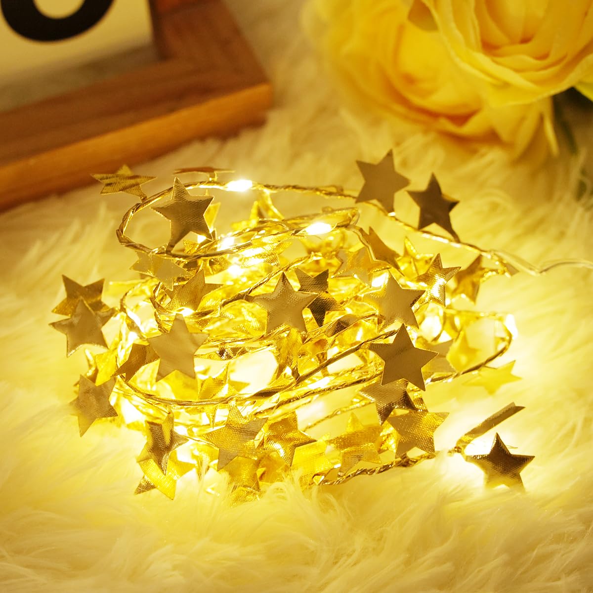 MUCHER 5M 50 LED Fairy Lights Battery Operated Gold Star Copper Wire String Light Indoor Outdoor Lighting Christmas Tree Bedroom Outside Party Bottle Wedding Decorations