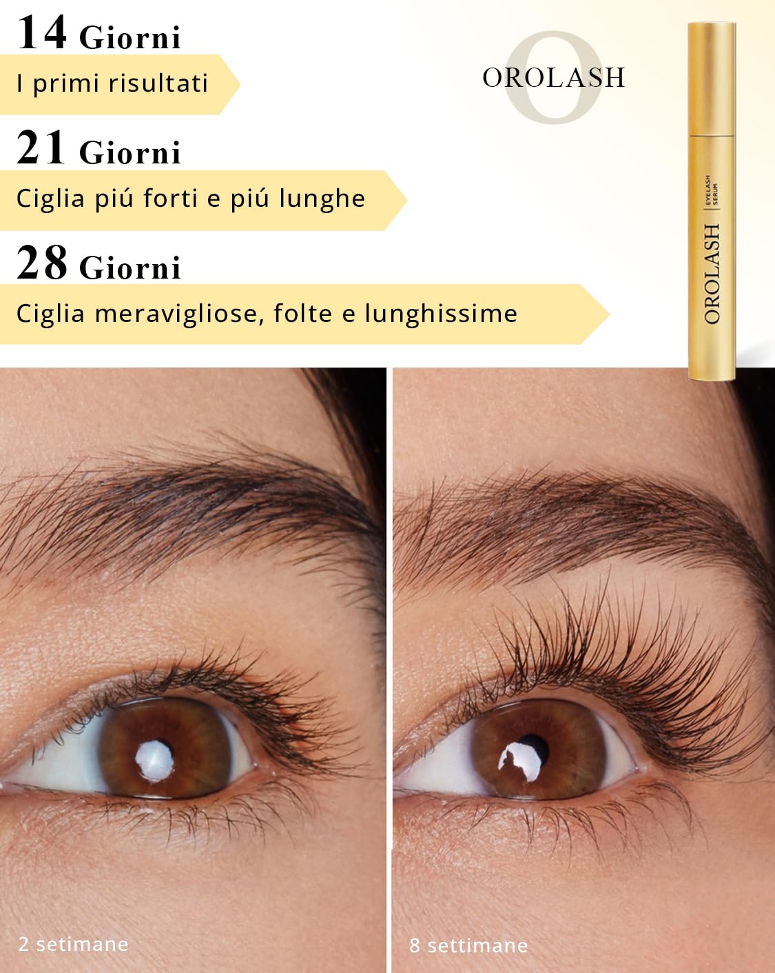 Siero Ciglia Allungante e Volumizzante OROLASH 3ML (3 mesi) | Ideale Per Infoltimento Ciglia e Sopracciglia | 100% EFFICACE