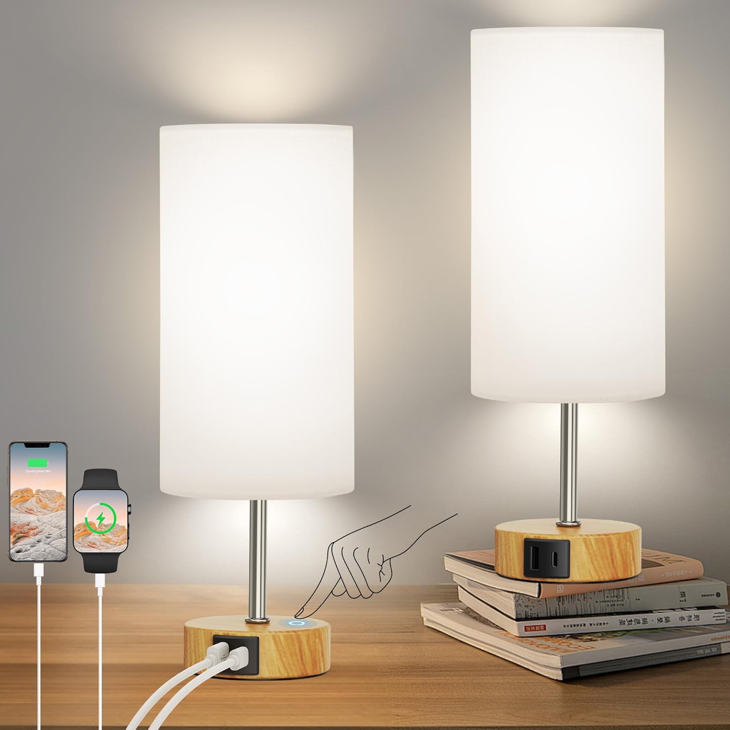 ROTTOGOON 12.8" Touch Control Table Lamp, 3-Way Dimmable Small Bedside Nightstand Lamp with 2 USB Ports, Modern Table Lamp with 5000K Daylight LED Bulb for Living Room (2 Pack)