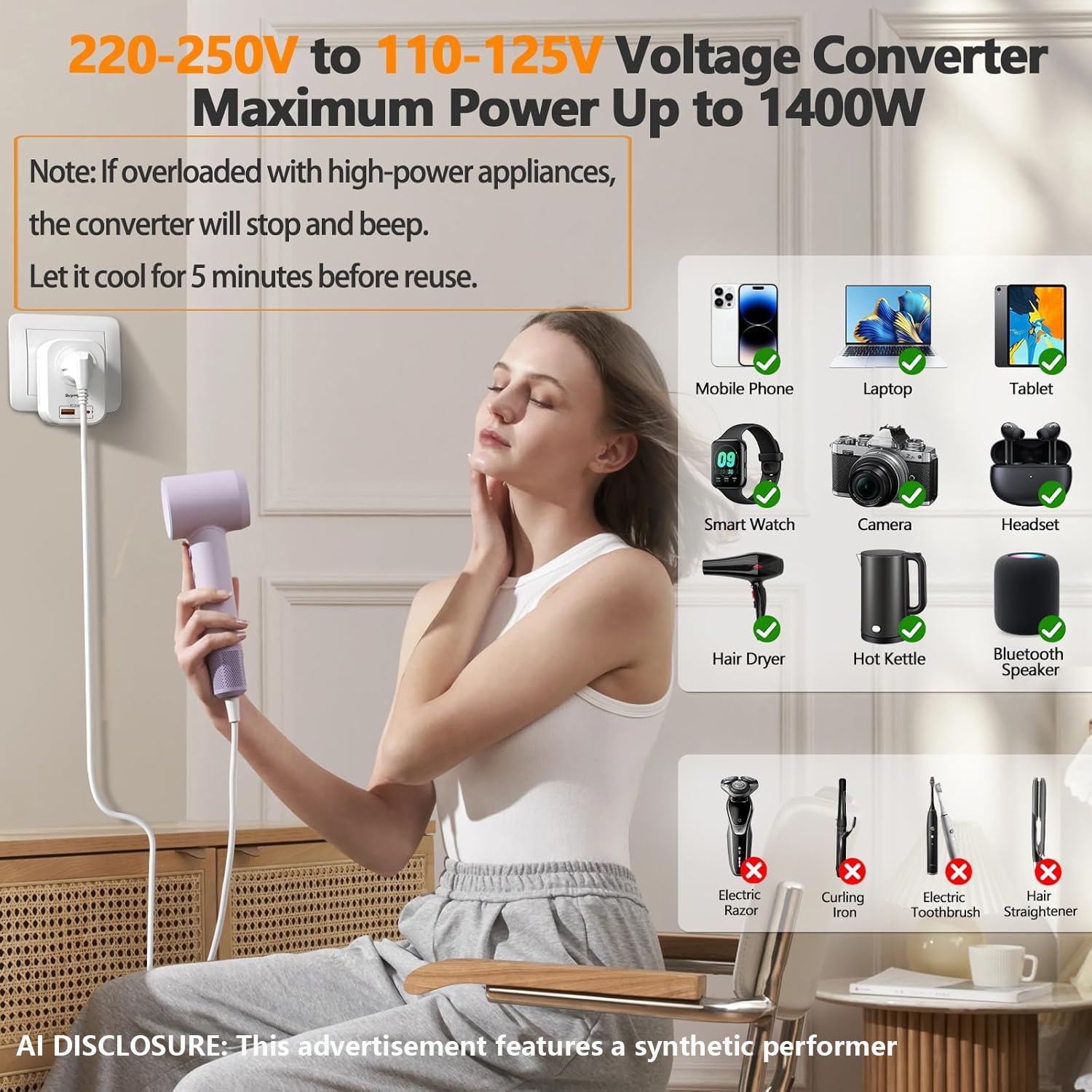 220 to 110 Voltage Converter US to Europe, Power Converter for Europe,Converter for European Travel with 20W PD,2 Type-C Port 2 USB-A,Power Plug Combo for Germ Italy Spain Greece-White