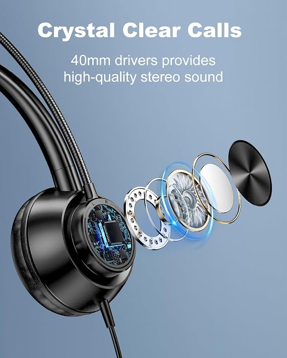 New Bee Headphone Stand White & Wired USB Headset with Microphone for PC Call Centre Work Computer Gaming Office Phone