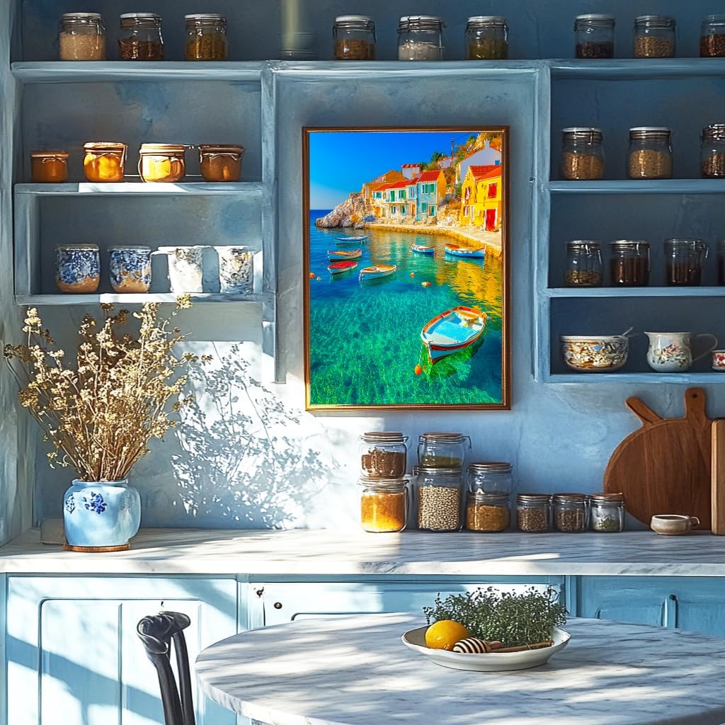 Bgraamiens Coastal Town 1000 Piece Jigsaw Puzzle – Vibrant Mediterranean Harbor Scene Puzzle for Adults – Colorful Boats and Seaside Houses – Challenging and Relaxing Puzzle Gift