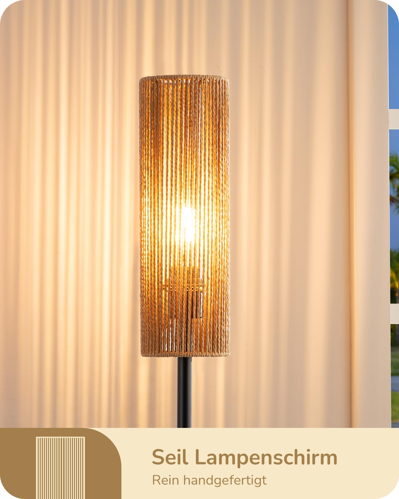 EDISHINE Stehlampe Wohnzimmer, LED Stehleuchte mit Lampenschirm aus gewebtem Seil, Stehleuchte vintage 2700K, Boho Stehlampe E27 für Schlafzimmer, Kinderzimmer oder Ecksofa, Höhe 165 cm