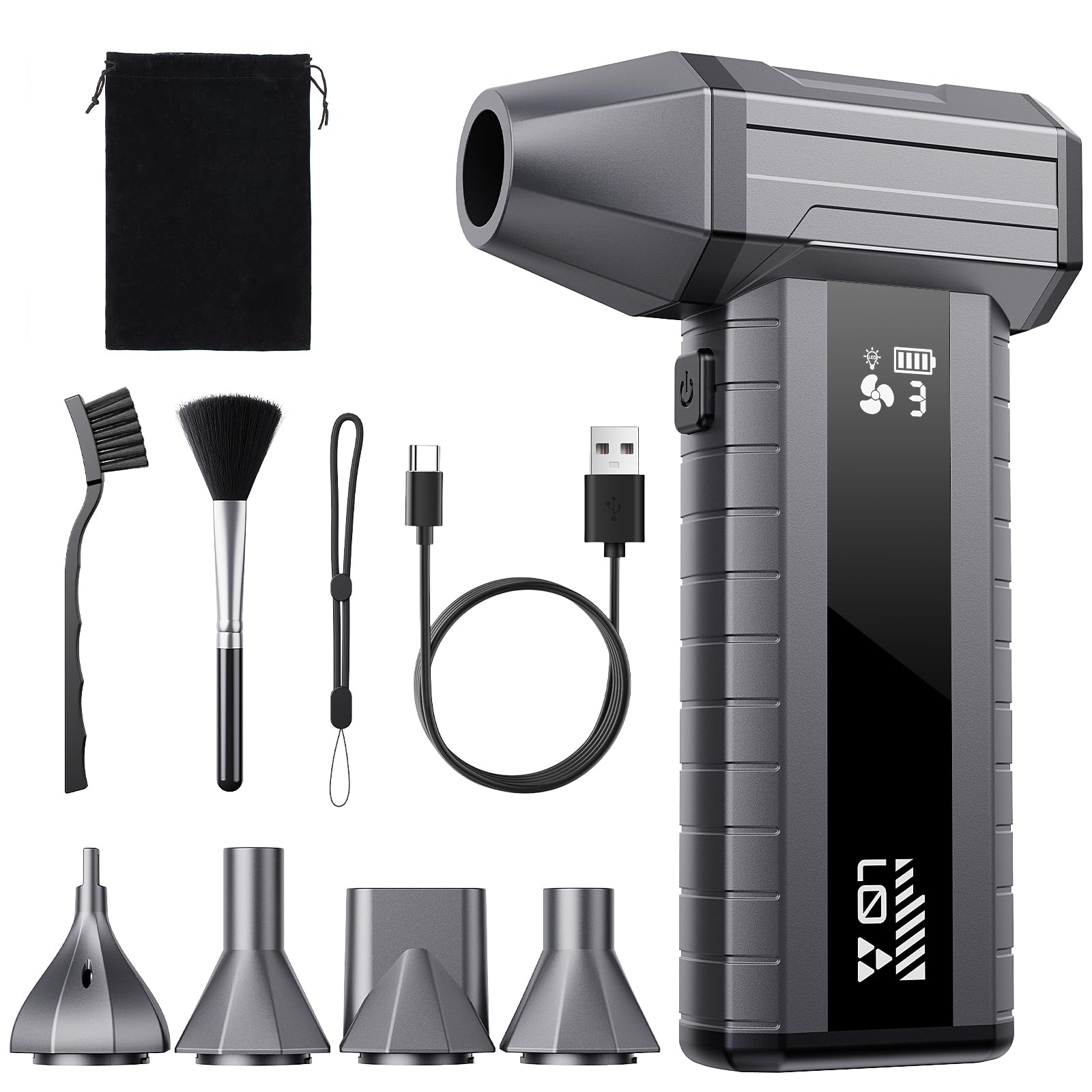 Druckluftspray Alternative, Elektrischer Air Duster mit 200.000 U/min Turbo Gebläse, 10500 mAh Akku Gebläse für PC Reinigung & Tastatur Reinigungsset, LED-Licht, Smart-Display, USB-C