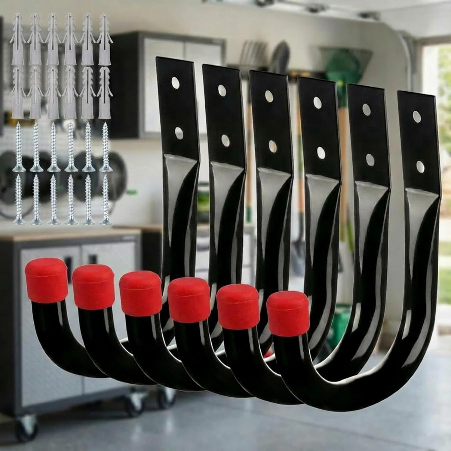 Heavy Duty Metal Wall Hooks 6 Pack, Large 3.5" Utility J Hooks for Garage Organization and Storage, Wall Mount Hangers for Extension Cords Tools Coats Backpacks and Bags, Indoor Outdoor Use, Red