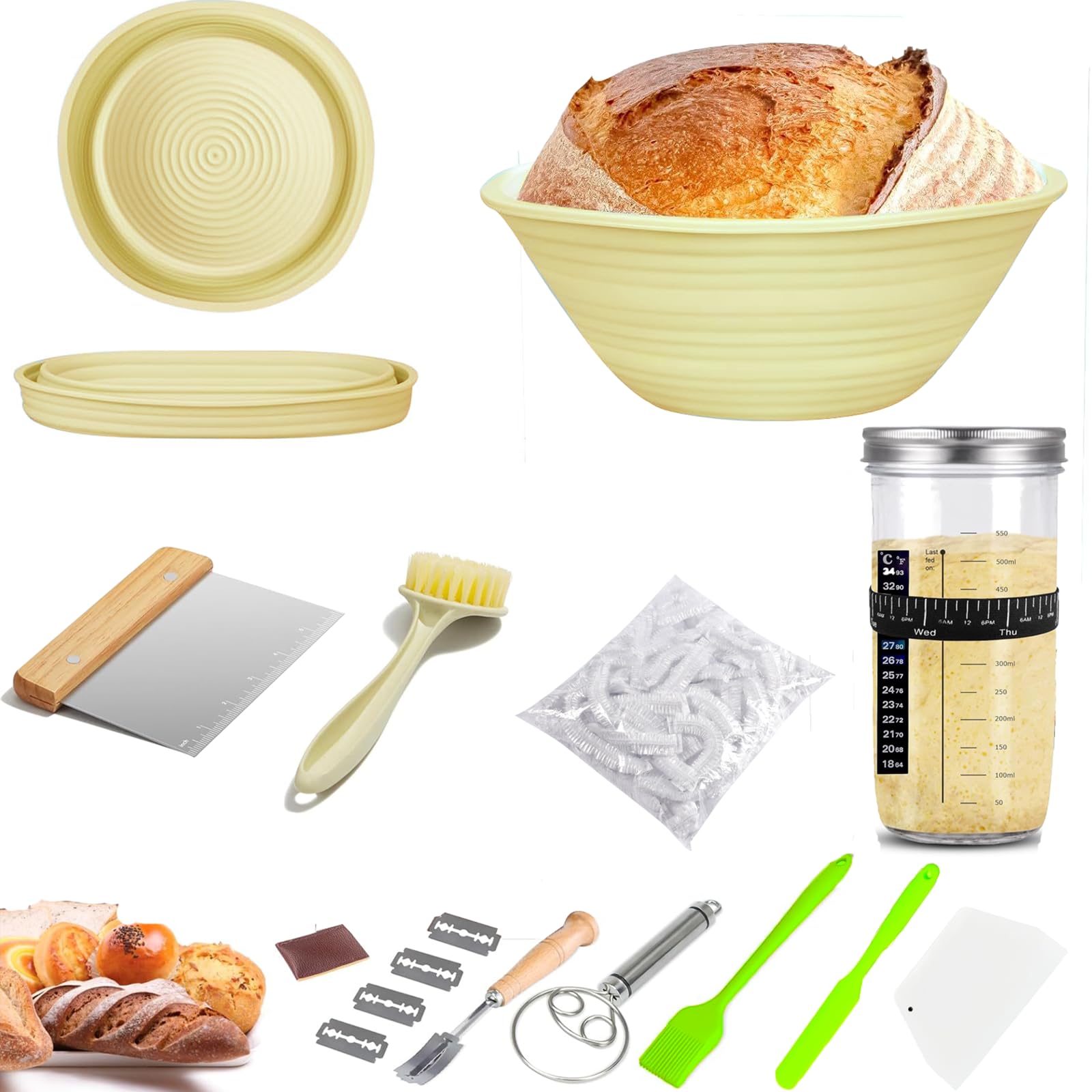 YIN AISIKE 9 Inch Round Sourdough Starter Kit, Foldable Baking Basket, Sourdough Starter Jar Set, Dough Scraper, Baking Tools Banneton Bread Proofing Basket with Bread Lame